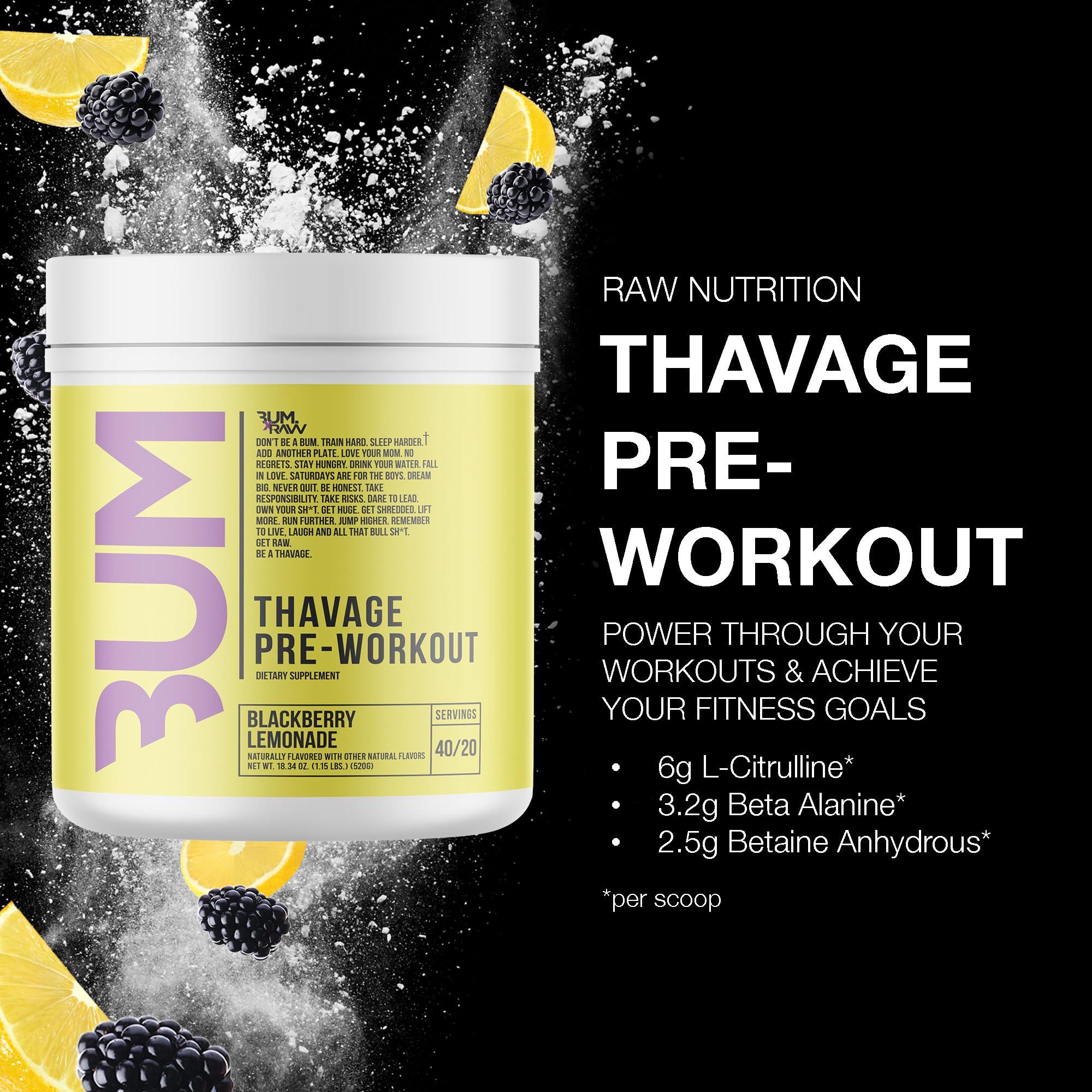 RAW Pre Workout Powder, Thavage (Beach Bum) - Chris Bumstead Sports Nutrition Supplement for Men & Women - Cbum Pre Workout for Working Out, Hydration, Mental Focus & Energy - 40 Servings