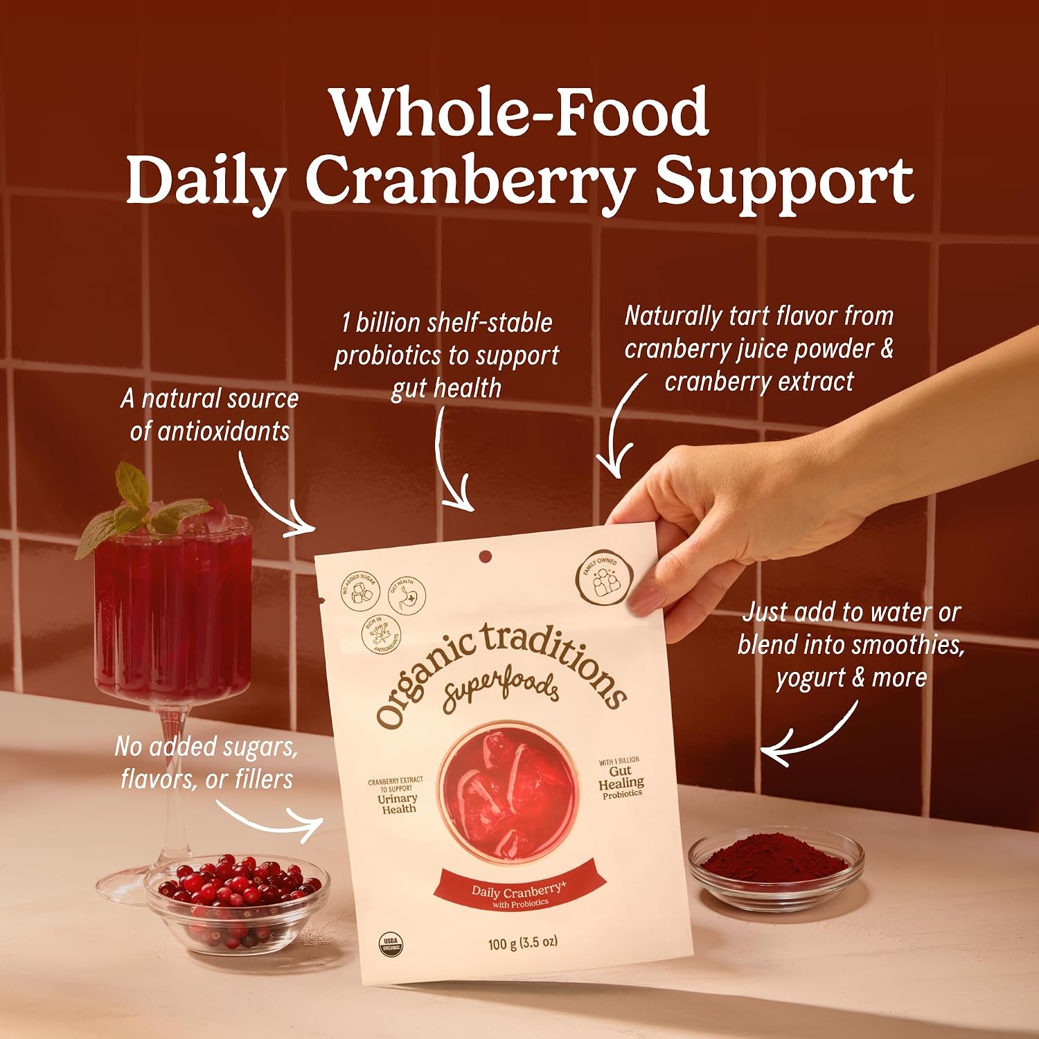 Organic Traditions Cranberry Powder, Organic Cranberry Juice Powder with Cranberries and Probiotics, No Added Sugar, Plant-Based Powder for Smoothies and Recipes, Vegan Non-GMO, 100g / 3.5oz Bag