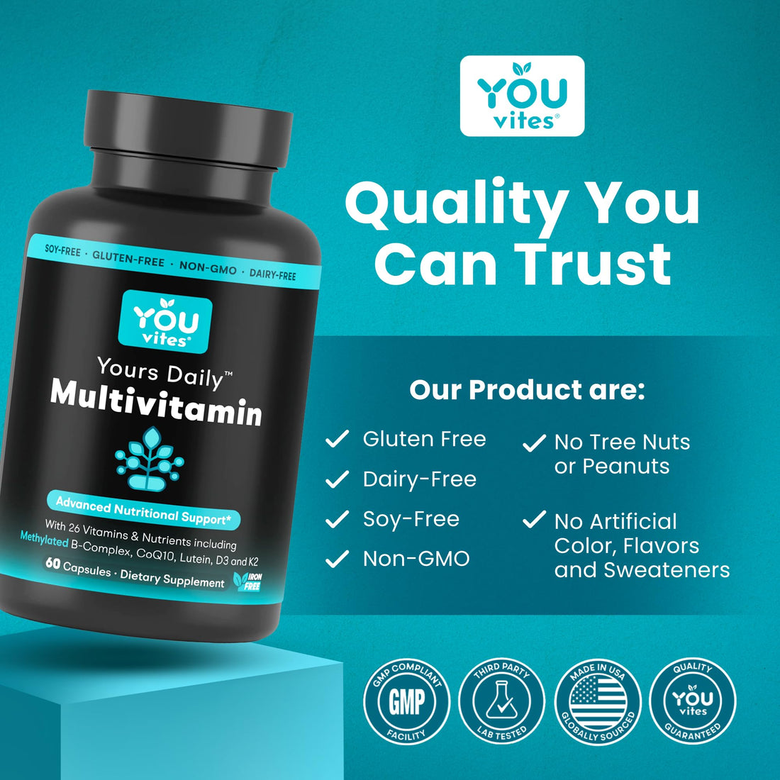 Multivitamin supplement bottle with 'YOU vites' branding on a white background
