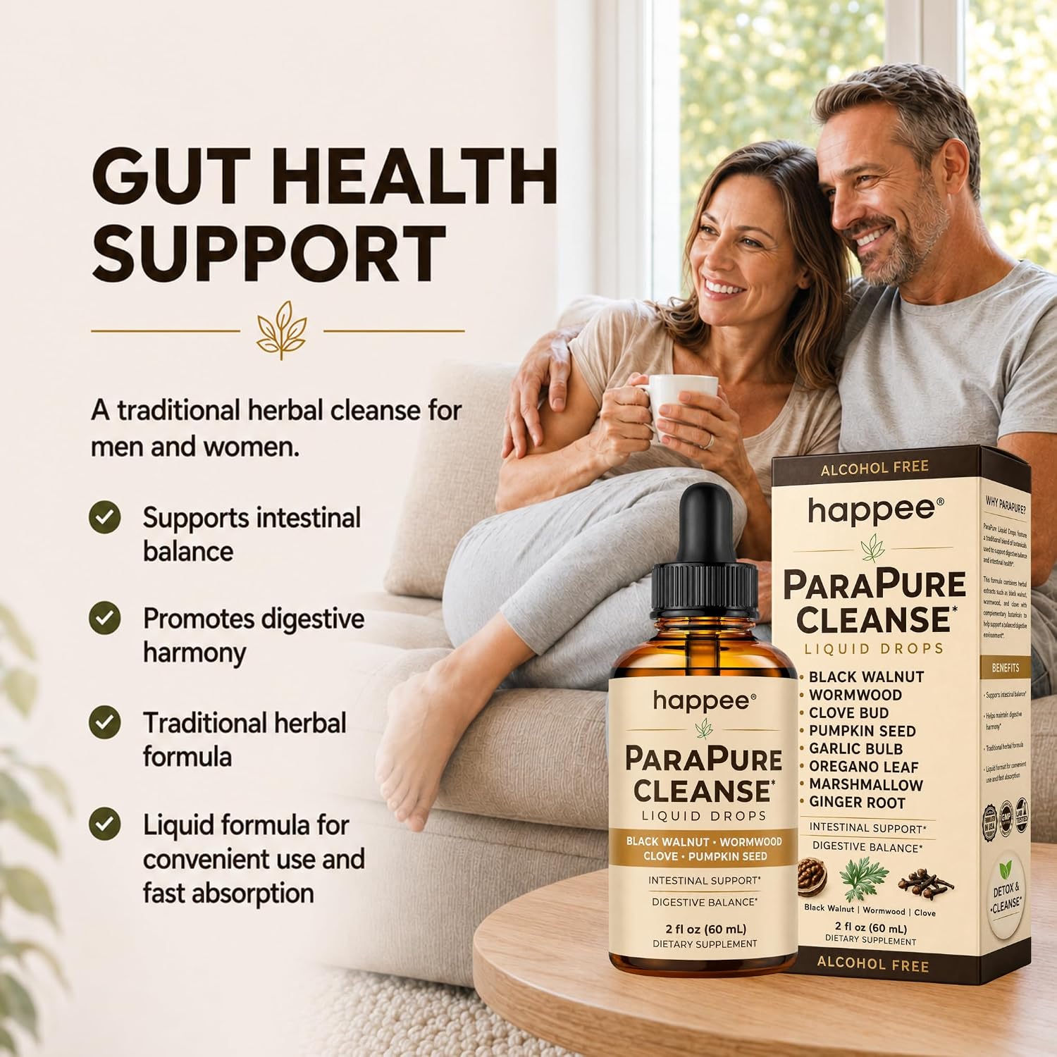 Happee ParaPure Cleanse for Humans Wormwood Black Walnut Clove 2 Fl. Oz | All-in-One Herbal Liquid Drops - Detox Support, Intestinal Guard, Gut Health & Microbiome Support, 60 Day Supply