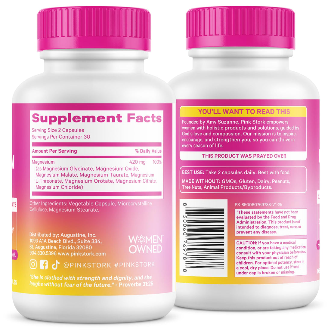 Pinkstork magnesium complex supplement bottle with pink cap on a white background