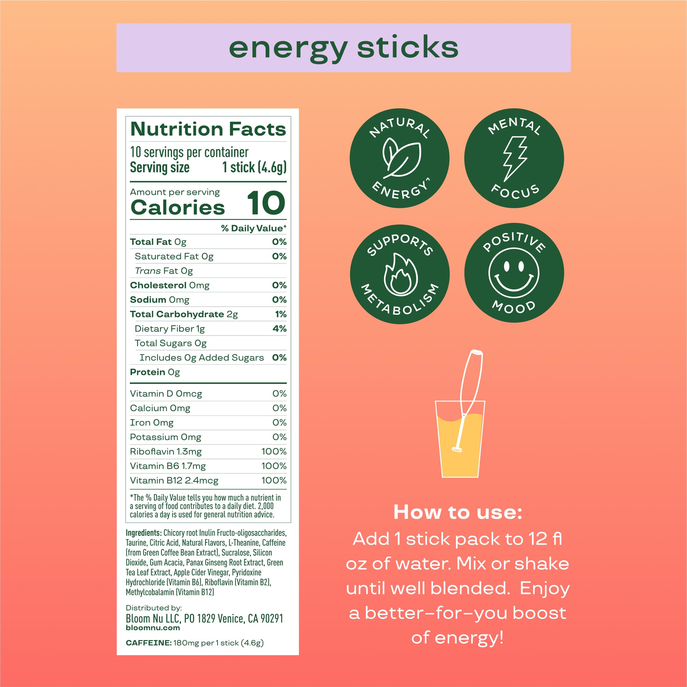 Bloom Nutrition Energy Drink Powder Packets, Strawberry Watermelon, 10 Ct | Sugar Free Drink Mix with L-Theanine, B Vitamins & Natural Caffeine, On the Go Powder Sticks for Natural Energy, 10 Calories