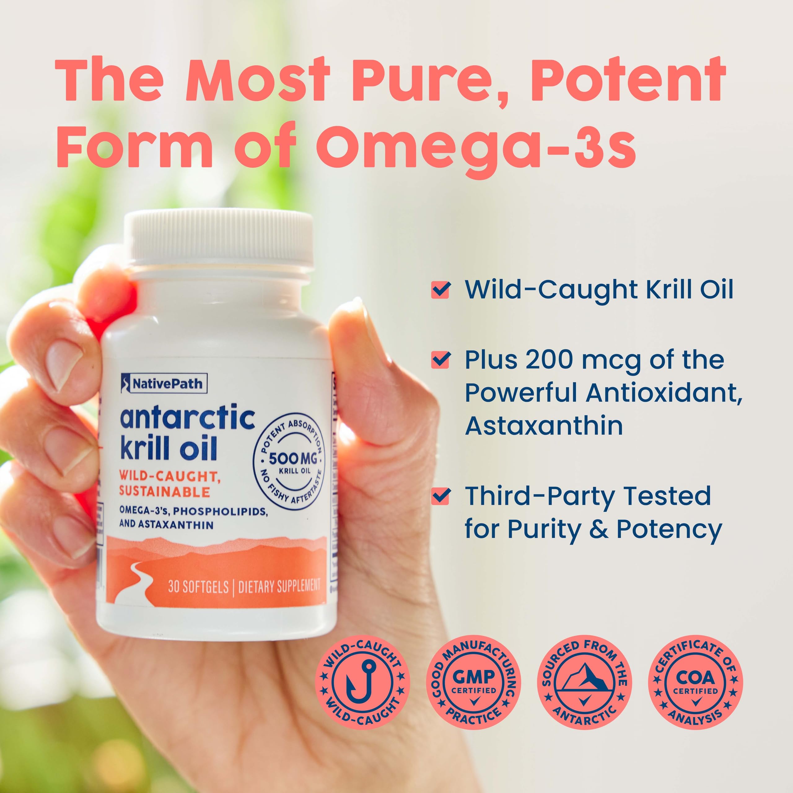 NativePath Antarctic Krill Oil 500mg, Omega-3, 60 Softgels | Wild-Caught, Astaxanthin, EPA & DHA Phospholipid-Bound, Supports Circulatory, Brain & Joint Health