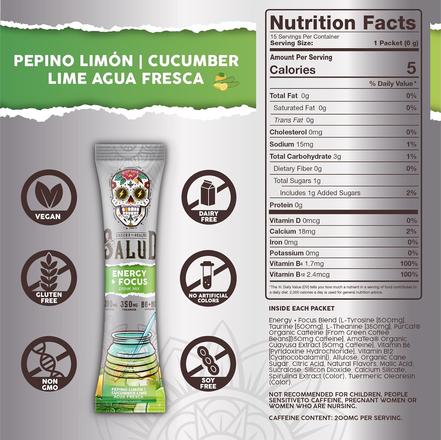 Salud 2-Pack | 2-in-1 Hydration + Immunity (Tamarindo) & Energy + Focus (Cucumber Lime) – 15 Servings Each, Agua Fresca Drink Mix, Non-GMO, Gluten Free, Vegan, Low Calorie, 1g of Sugar