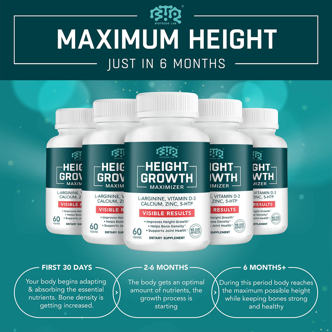 BIOTEQUELAB Height Growth Maximizer, Calcium, Vitamin D3 and Zinc Blend Pills, Bone Growth Supplement for Kids and Teens, Bone Strength, Density Support, GMO-Free, Gluten-Free, Made in USA, 60 Caps BTQ BIOTEQUE LABBuy Supplements Australia