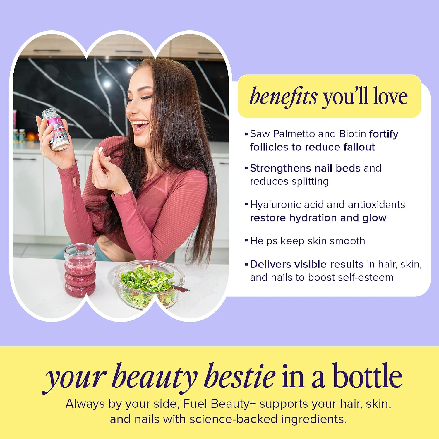 Fuel Beauty+ 24-in-1 Hair, Skin & Nails Vitamins for Women – 5000mcg Biotin, Hyaluronic Acid & Saw Palmetto – Daily Multivitamin for Hair Growth, Nail Strength & Skin Glow – 60 Capsules