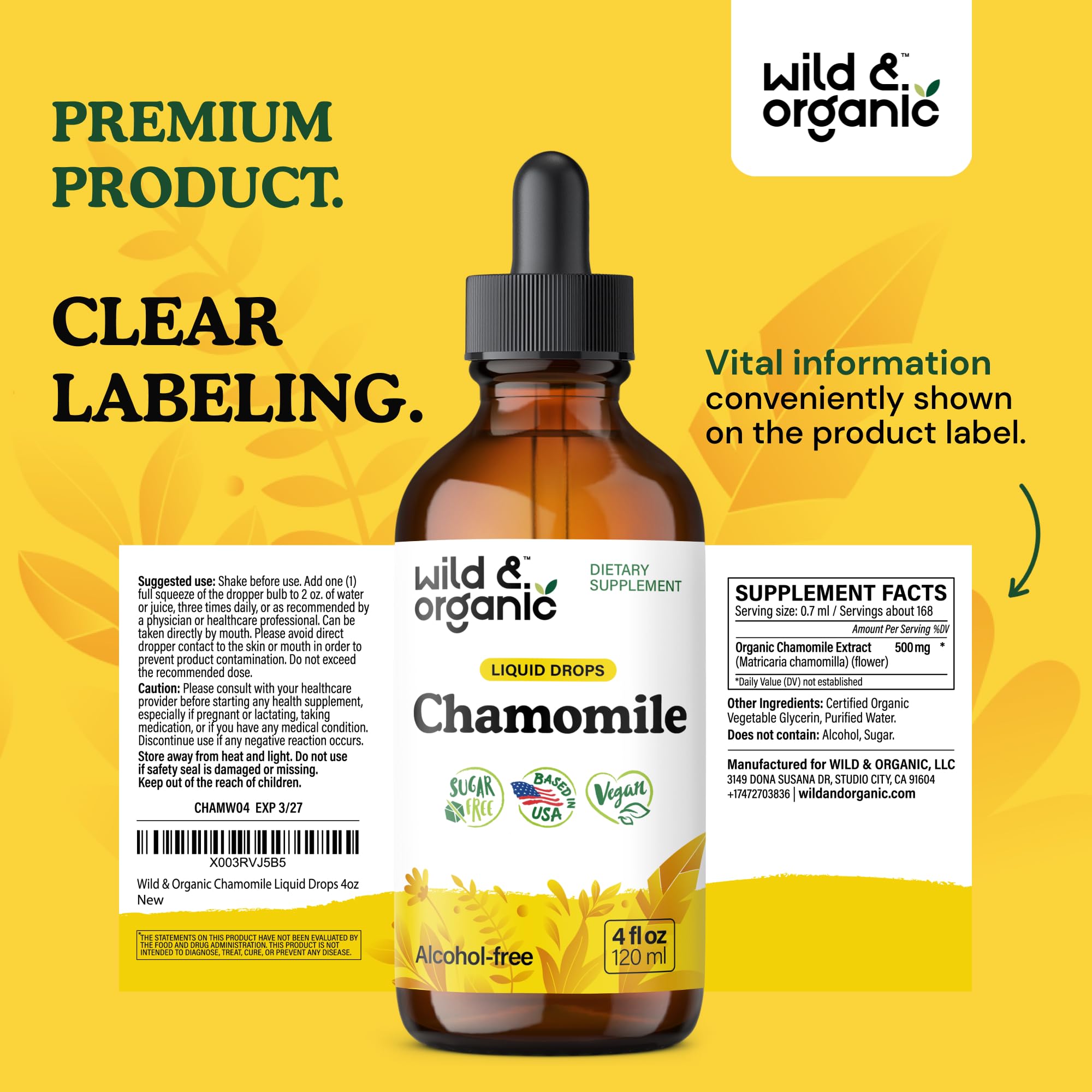 Wild & Organic Chamomile Flowers Drops - Add to Tea for Relaxation Support - 500 mg Chamomile Extract Liquid Drops - Calming Herbal Supplement - 56-Day Supply - Vegan, Sugar & Alcohol-Free - 4 fl oz