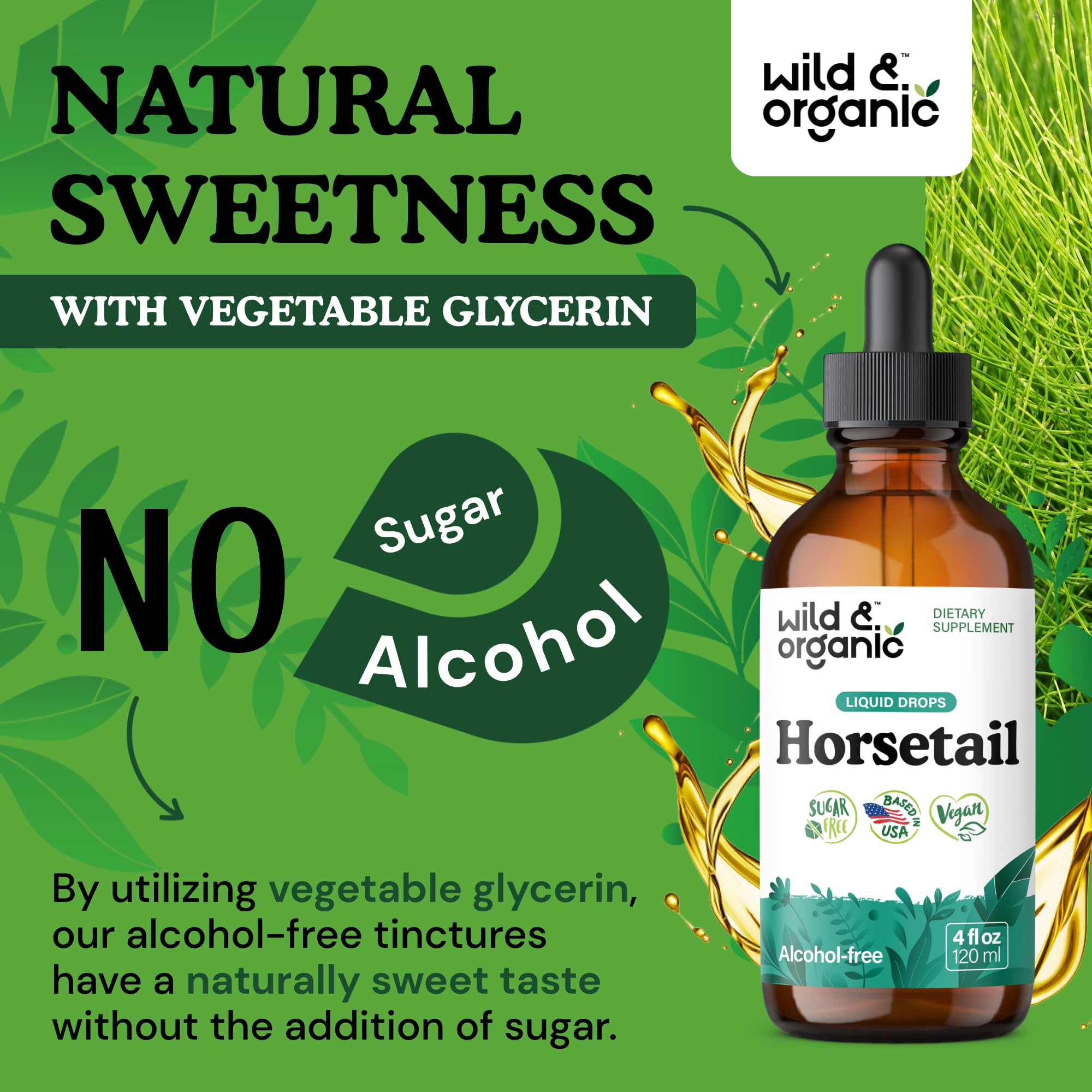 Wild & Organic Horsetail Herb Tincture - Hair Skin and Nails Support - Liquid Horsetail Supplement - Vegan, Sugar & Alcohol-Free Leaf Extract Drops - 4 fl oz