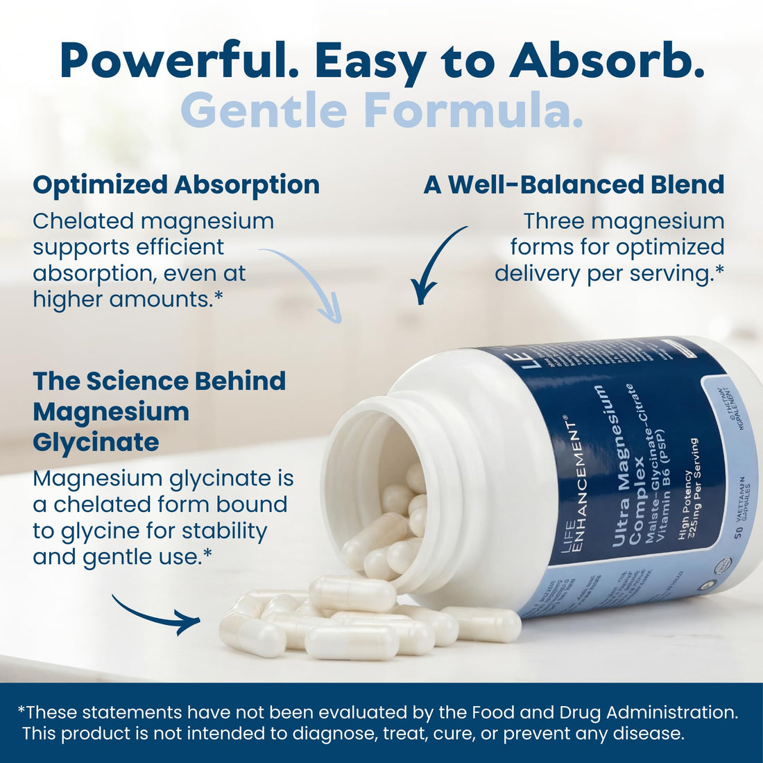 Life Enhancement Ultra Magnesium Complex supplement bottle with capsules on a white background