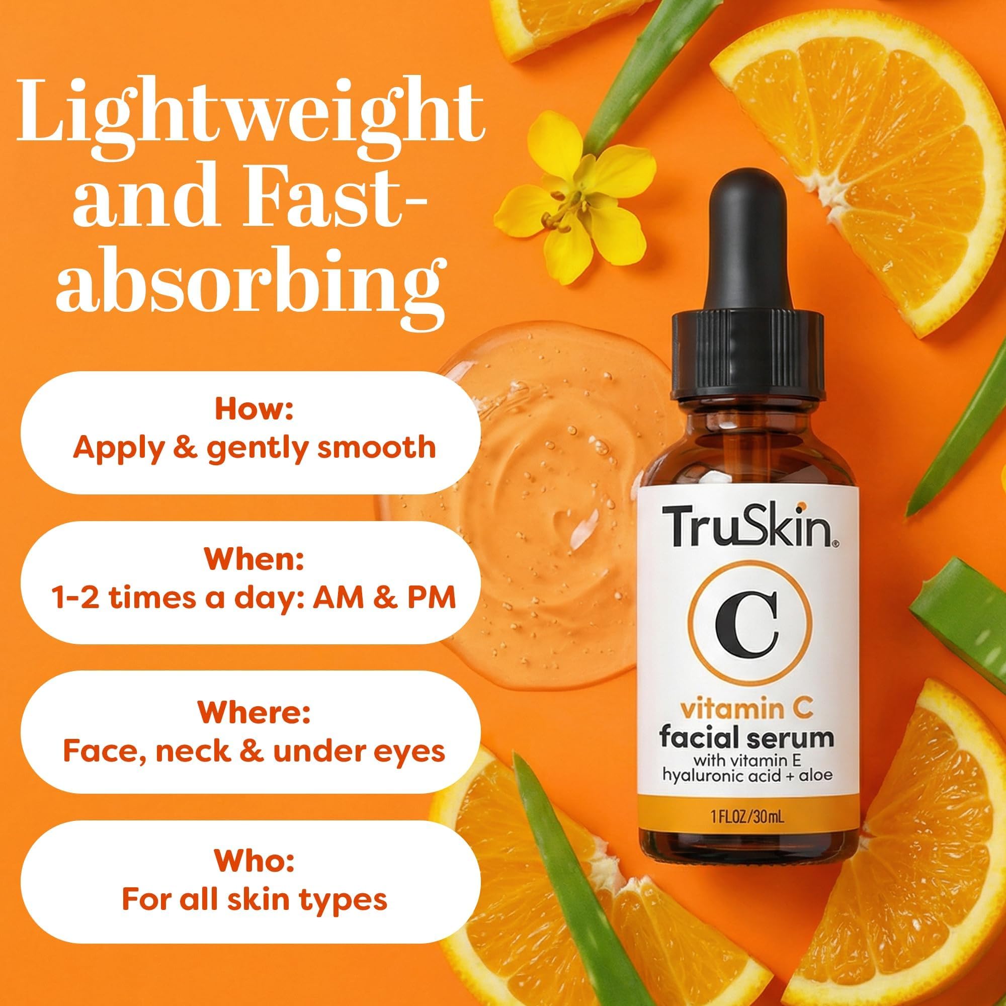 TruSkin Brightening Vitamin C Serum for Face with Hyaluronic Acid, 1 fl oz | Anti aging face serum with Vitamin E to improve the look of dark spots, fine lines, skin tone & support radiant-looking skin