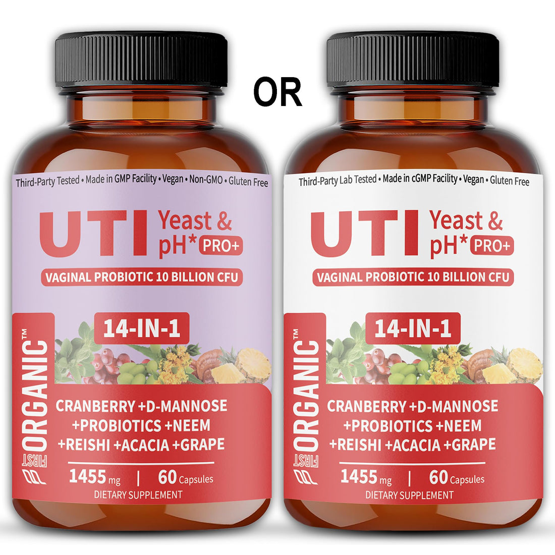 Two bottles of UTI Yeast & pH Pro+ and UTI Flora & Odor Pro+ dietary supplements on a white background.