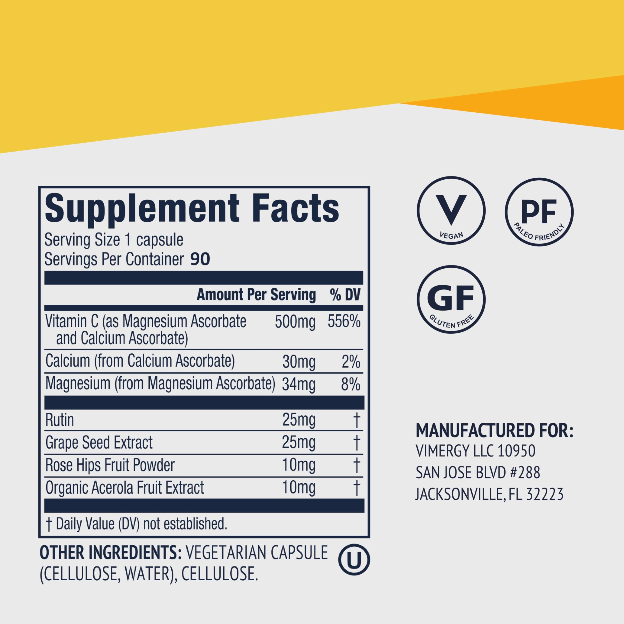 Vimergy Micro-C® Vitamin C Capsules – 500mg per Capsule, Supports Immune Health*, Promotes Collagen Production, Supports Healthy Bones*, Kosher, Vegan & Gluten-Free (90 Capsules)
