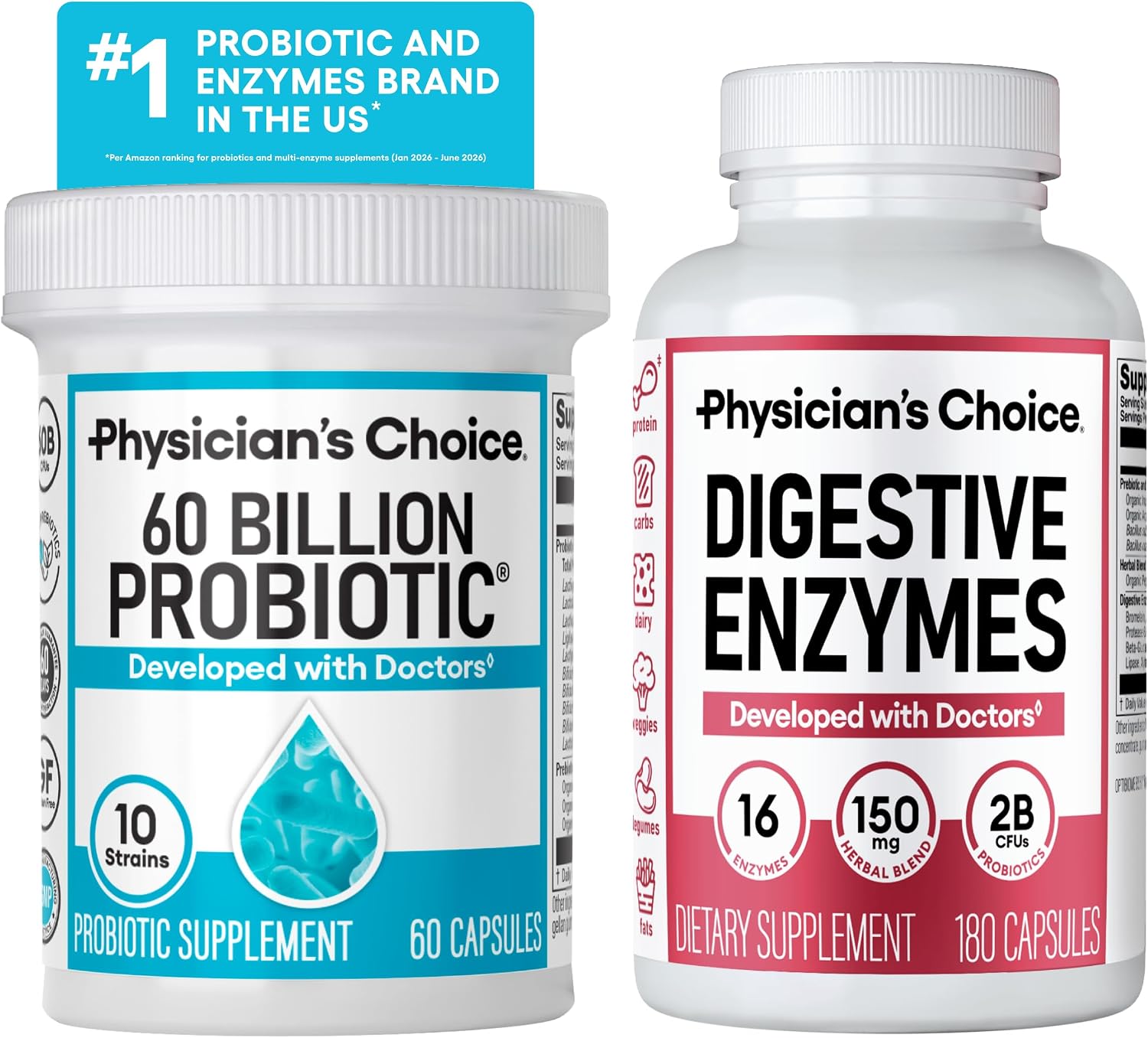 Physician's CHOICE - Optimal Gut Health Bundle: 60 Billion Probiotic 60ct + Digestive Enzyme 180ct for Digestive Comfort and Immune Support - Value Bundle