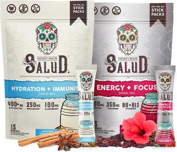 Salud 2-Pack | 2-in-1 Hydration + Immunity (Horchata) & Energy + Focus (Hibiscus) – 15 Servings Each, Agua Fresca Drink Mix, Non-GMO, Gluten Free, Vegan, Low Calorie, 1g of Sugar