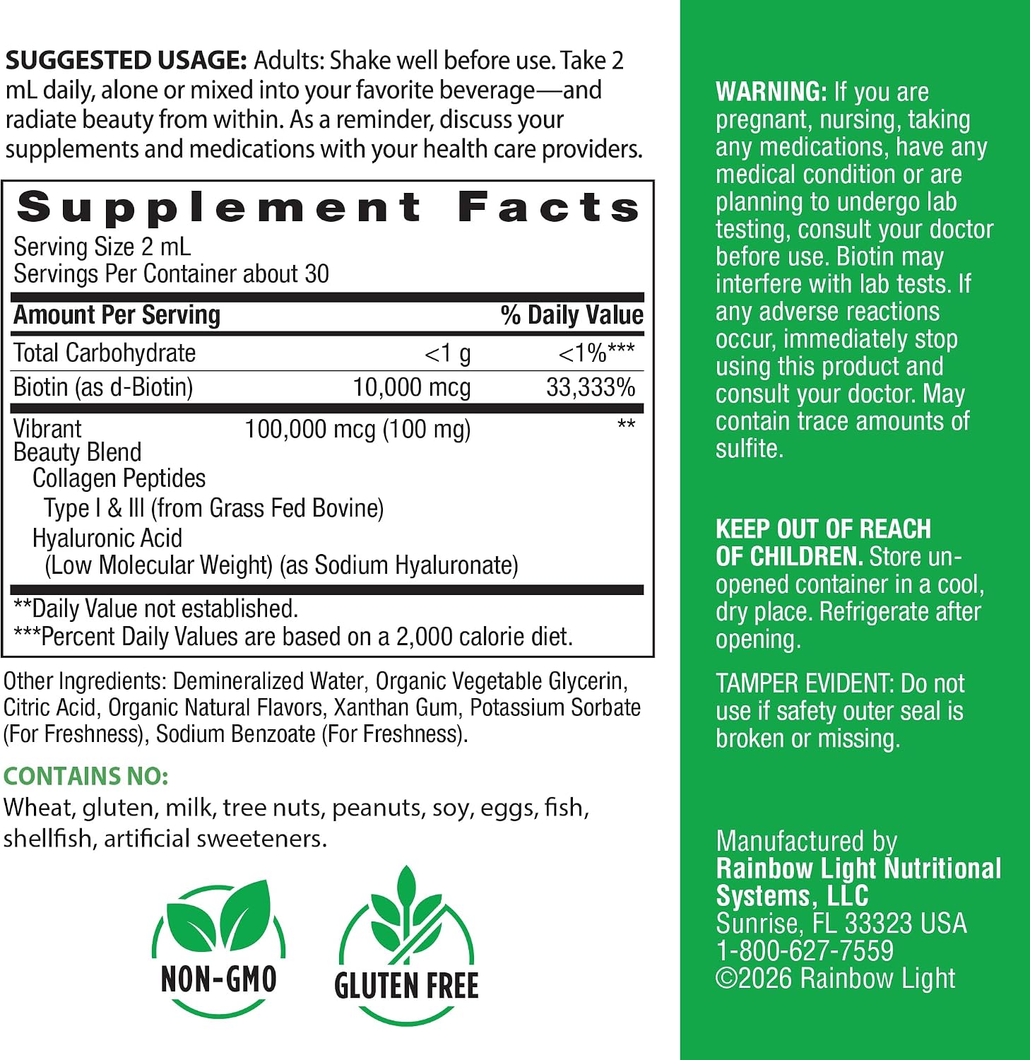 Rainbow Light Biotin, Collagen + Hyaluronic Acid Supplement | 110,000 mcg | Vanilla Citrus Flavor | Types I & III Collagen Peptides | For Men and Women
