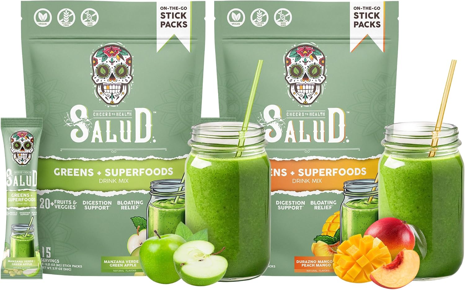 Salud 2-Pack | 2-in-1 Greens Powder + Superfood Drink Mix Packets, Green Apple & Peach Mango, 15 Servings Each, 20+ Fruits and Veggies, Supports Digestive Health, Bloating Relief