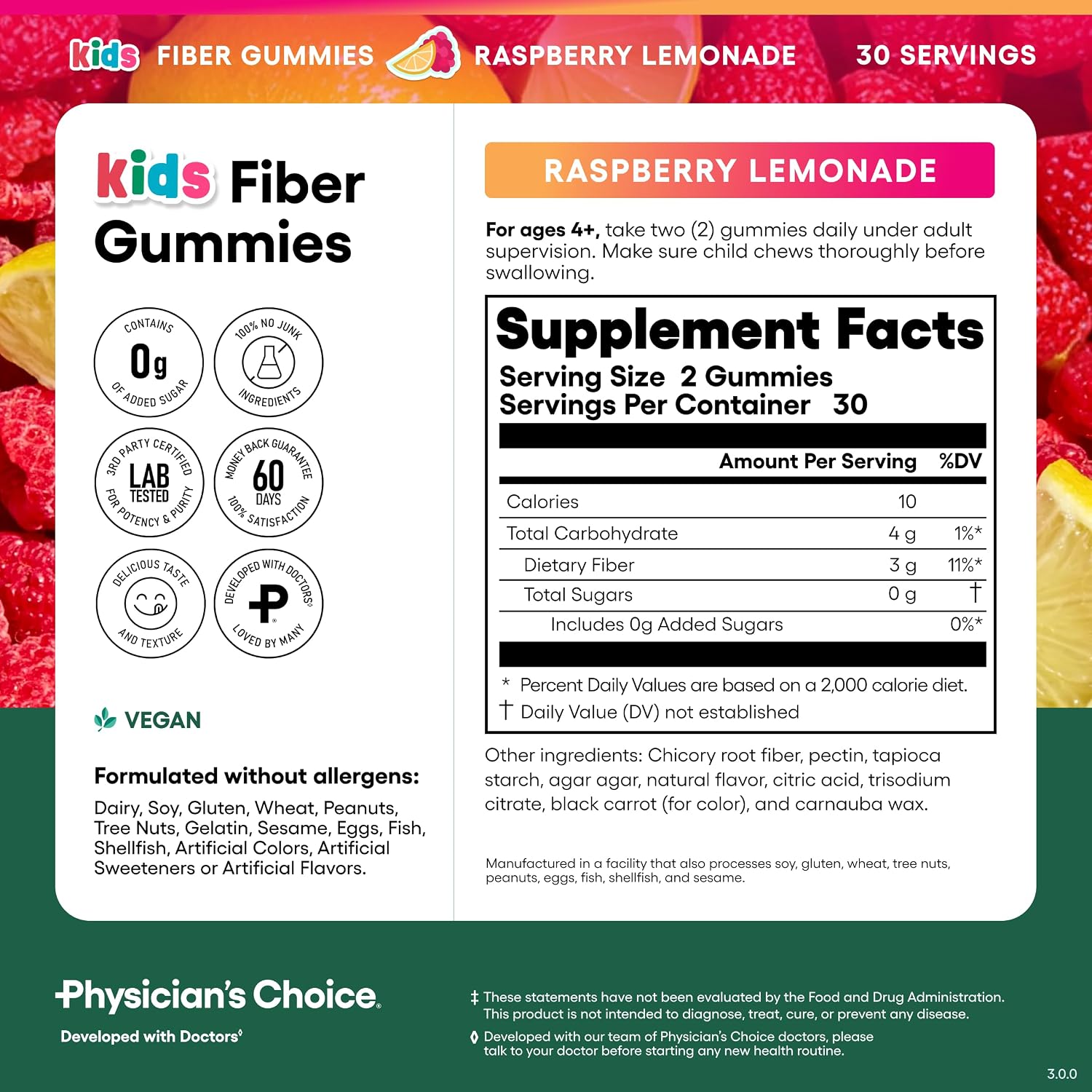Physician's Choice Fiber Gummies for Kids - Supports Regularity, Occasional Constipation & Digestive Health - Sugar Free, Vegan, No Artificial Flavors - 3g Prebiotic Fiber - Raspberry Lemonade - 60 CT