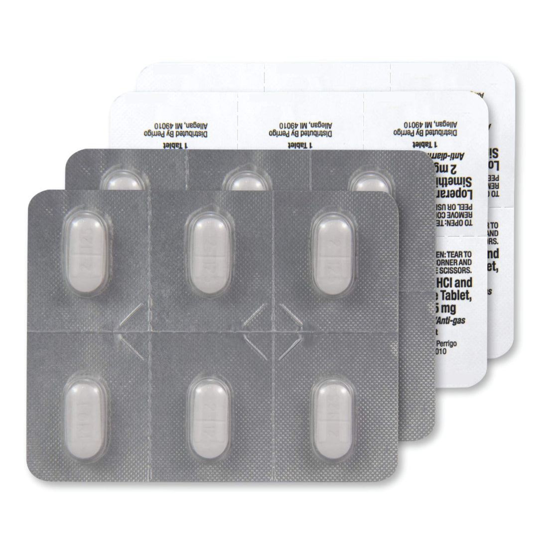 Amazon Basic Care Loperamide Hydrochloride and Simethicone packaging on a white background