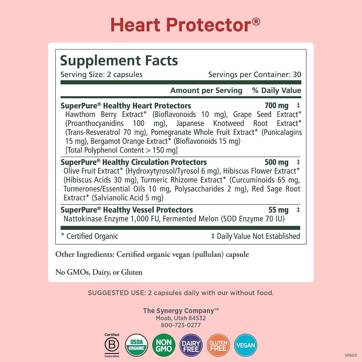 PURE SYNERGY Heart Protector | Organic Holistic Heart Supplement with Organic Hawthorn Berry, Resveratrol, and Nattokinase | for Blood and Vascular Support (60 Capsules)