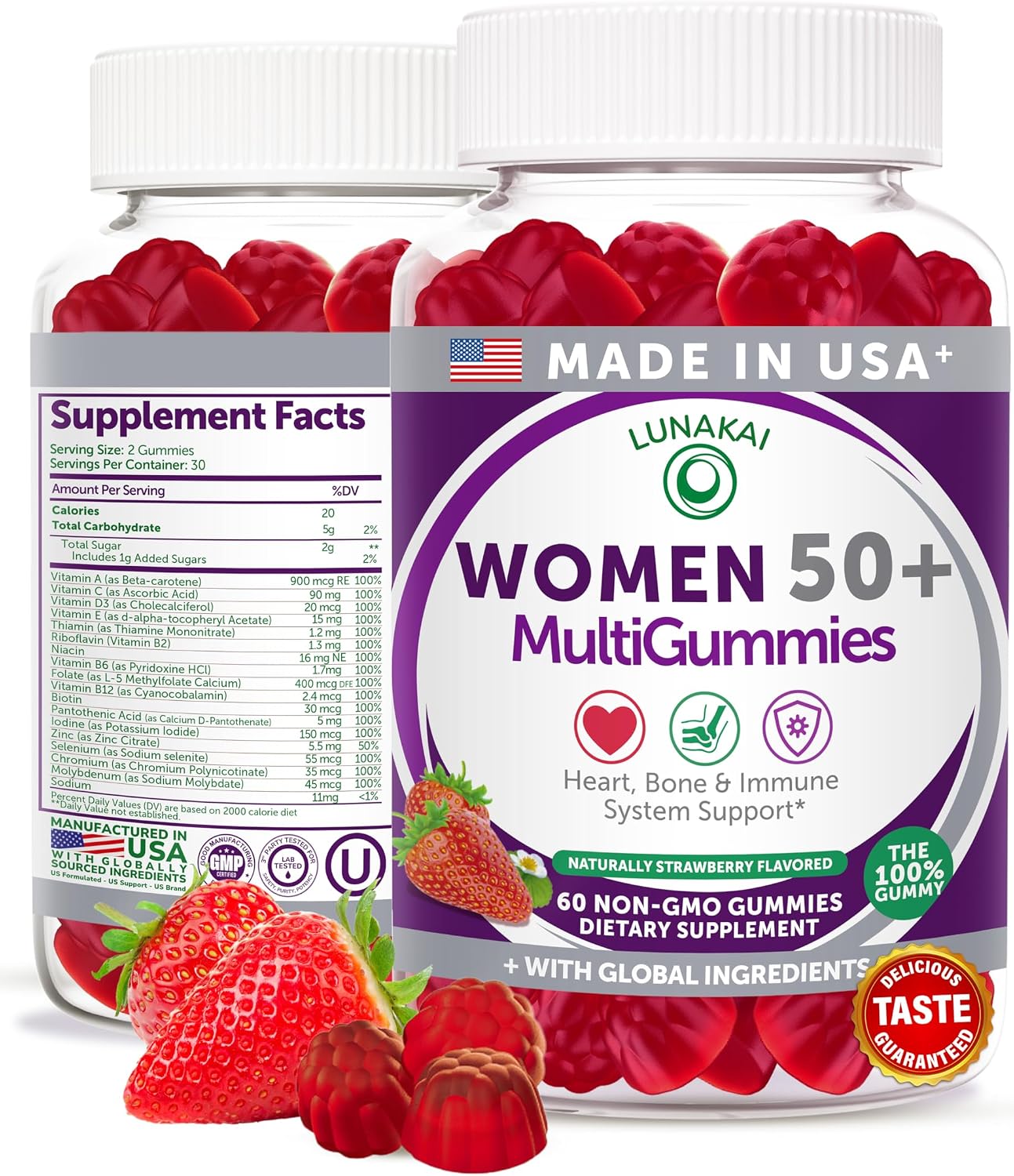 Lunakai USA Made 50 Plus Women's Multivitamin Gummies - Delicious Formula Enhanced with Essential Vitamins & Minerals for Health & Vitality - 60ct