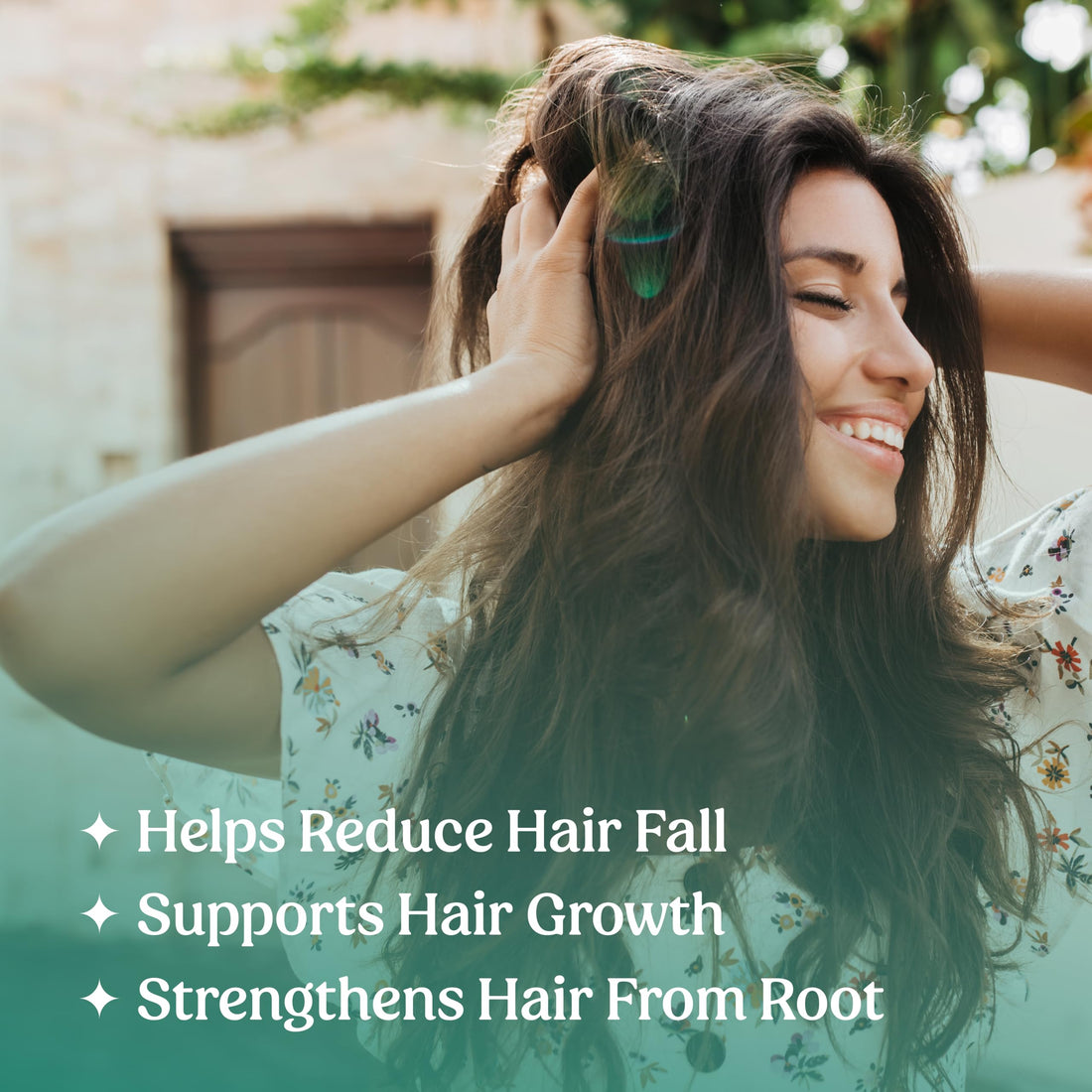 Glosense Hair You Glo hair care supplement package with a glass of iced tea and a green fruit on a white background