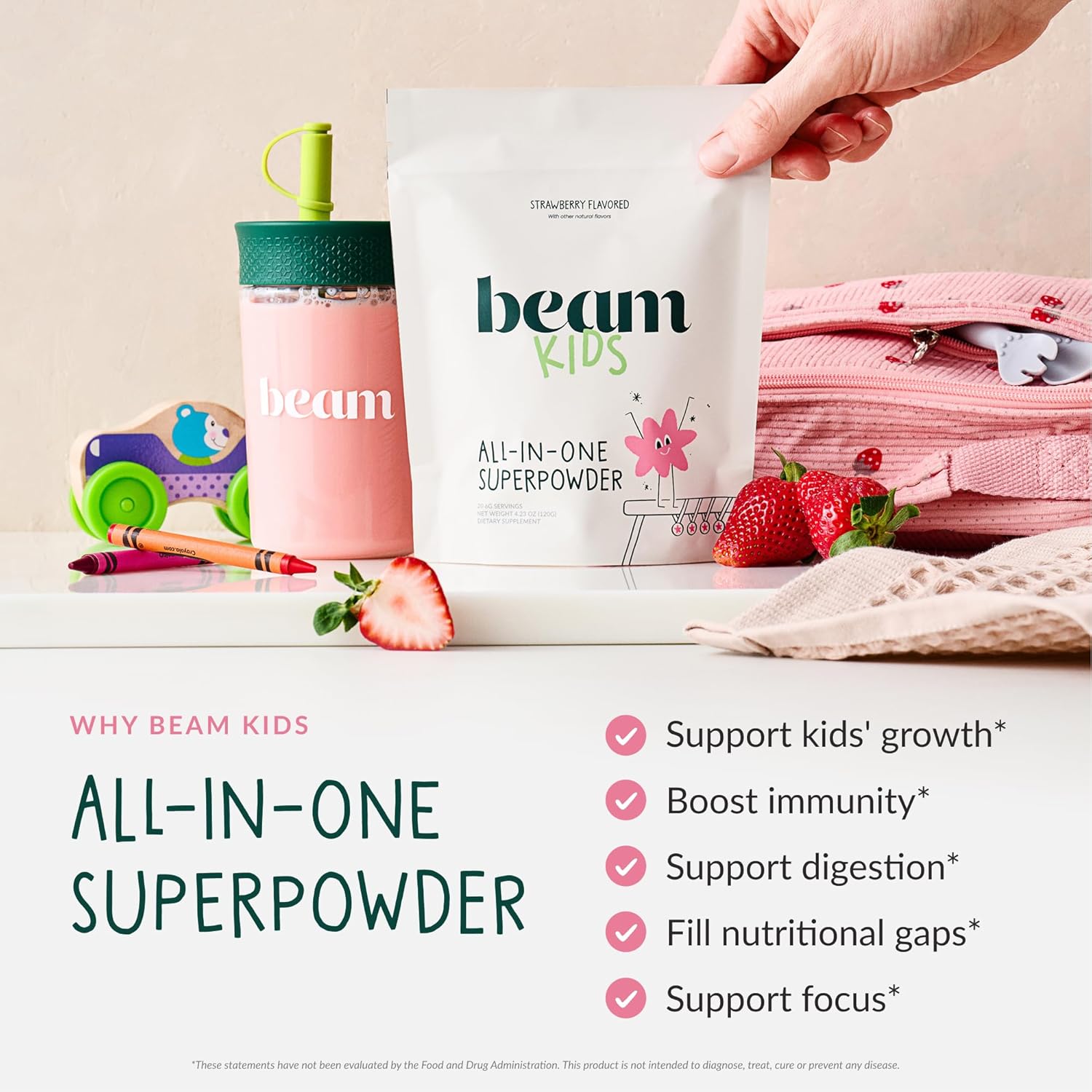 BEAM Kids Bundle, Chocolate Chip Cookie and Strawberry Milk Flavor, Multivitamin Powder – Kids Vitamins with Greens, Probiotic & Prebiotic, Immune Support for Children & Toddlers