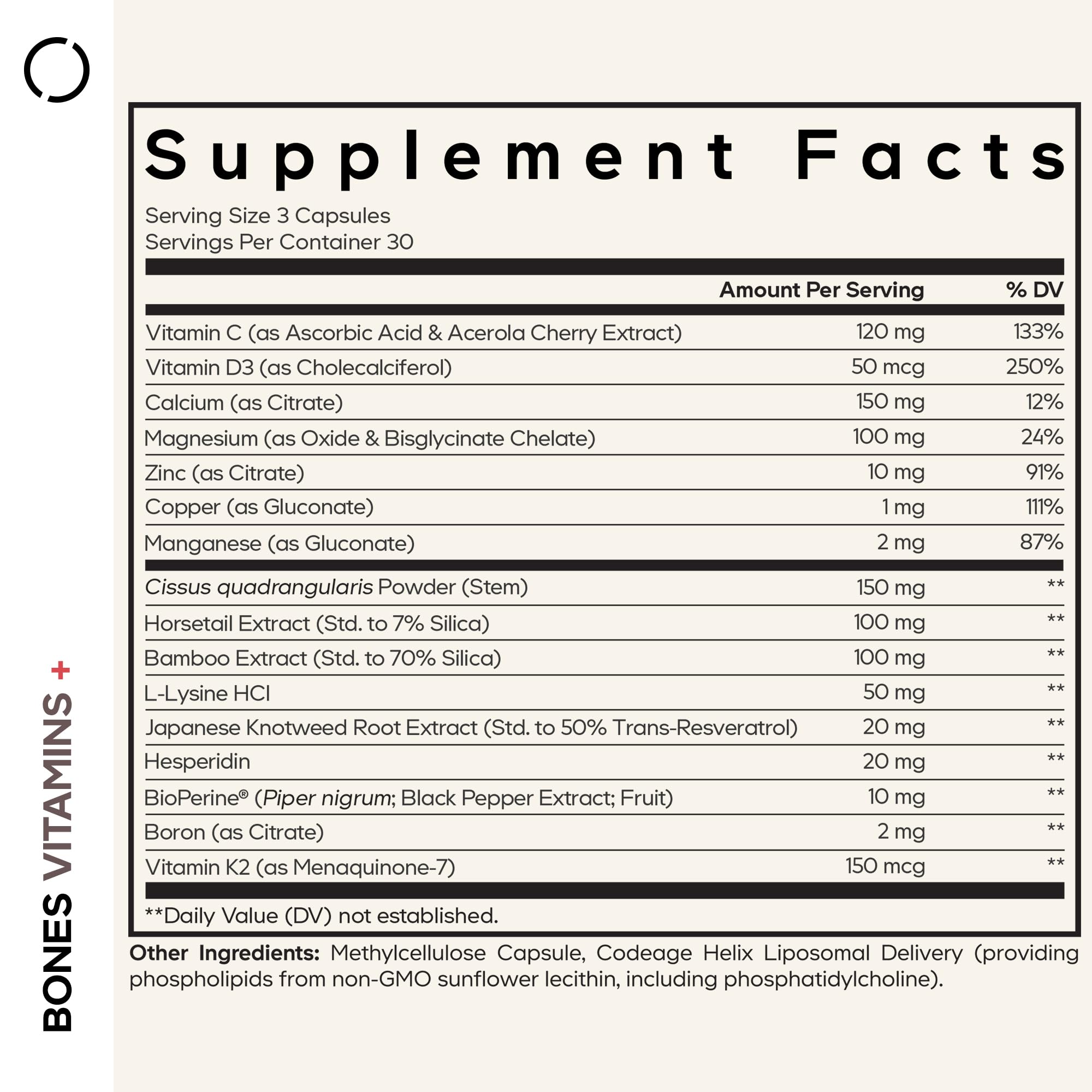 Codeage Bones Vitamins+ - Vitamin D3 & K2, Vitamin C, Calcium, Magnesium, Zinc, Hesperidin, L-Lysine, Manganese, Bamboo, Horsetail, Cissus, Boron, Trans-Resveratrol, Non-GMO Supplement - 90 Capsules CodeageBuy Supplements Australia