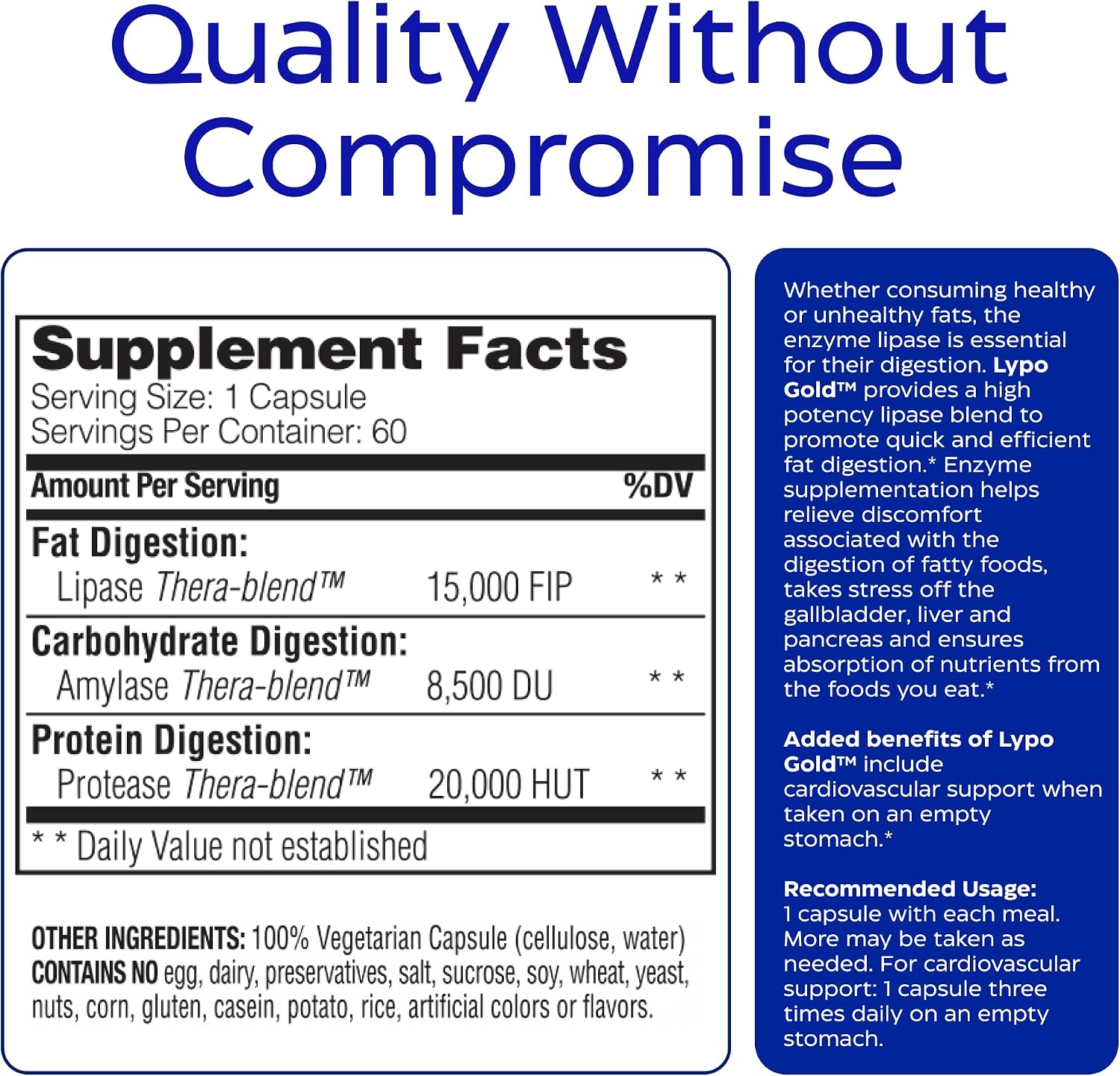 Enzymedica Lypo Gold - Protease, Amylase & Lipase Digestive Enzymes for Women & Men, Enzyme Supplement for Fat Digestion, Gut Health & Gallbladder Support, Helps Gas & Bloating, Gluten Free - 60 Caps
