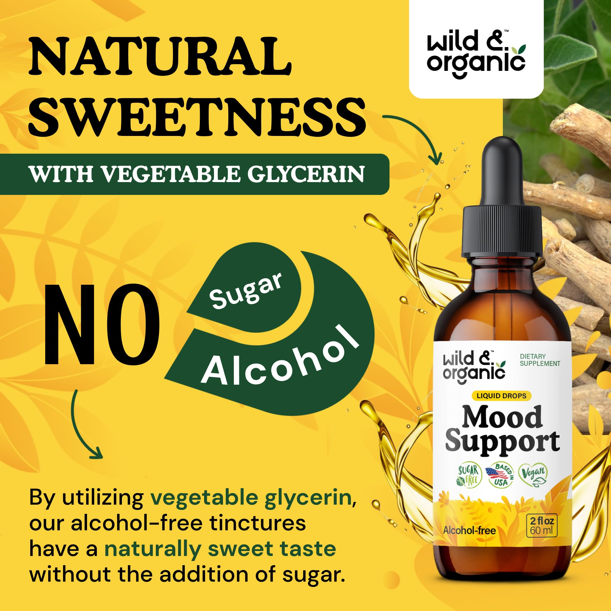 Wild & Organic Mood Support Drops - Good Mood Supplements w/Ashwagandha Root & Rhodiola Rosea - Natural Liquid Drops for Positive Energy - Calm and Relax Supplements for Women and Men - 2 oz