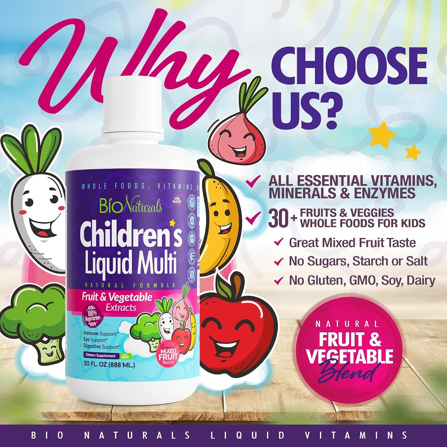 Children's Liquid Multivitamin & Immune Booster - Natural Supplement for Kids & Toddlers with Vitamins A B C D3 E, Fiber, Fruits & Vegetables - No Gluten, Sugar, Dairy, Soy - 30 oz