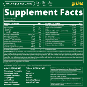 Gruns Adult Super Greens Multivitamin Gummies, Superfood Gummy Vitamins for Women and Men with Spirulina, Chlorella