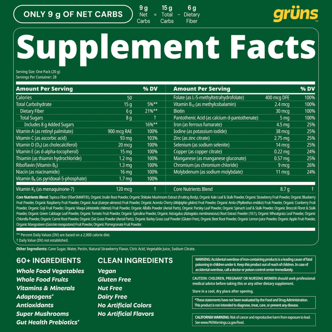Green package of gröns Superfoods Greens Gummies with text and branding.