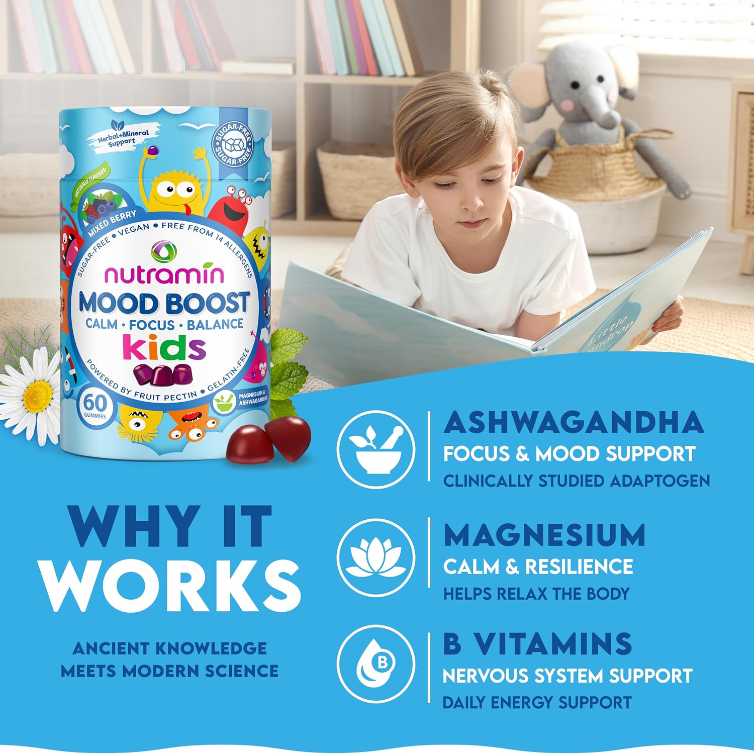Nutracelle NUTRAMIN Kids Mood Boost Vegan Vitamin Gummy: Magnesium Citrate Supplement for Children with Ashwagandha & Vitamin B Complex to Relax & Focus - Sugar-Free, Wild Berry - 60ct (60 Count)