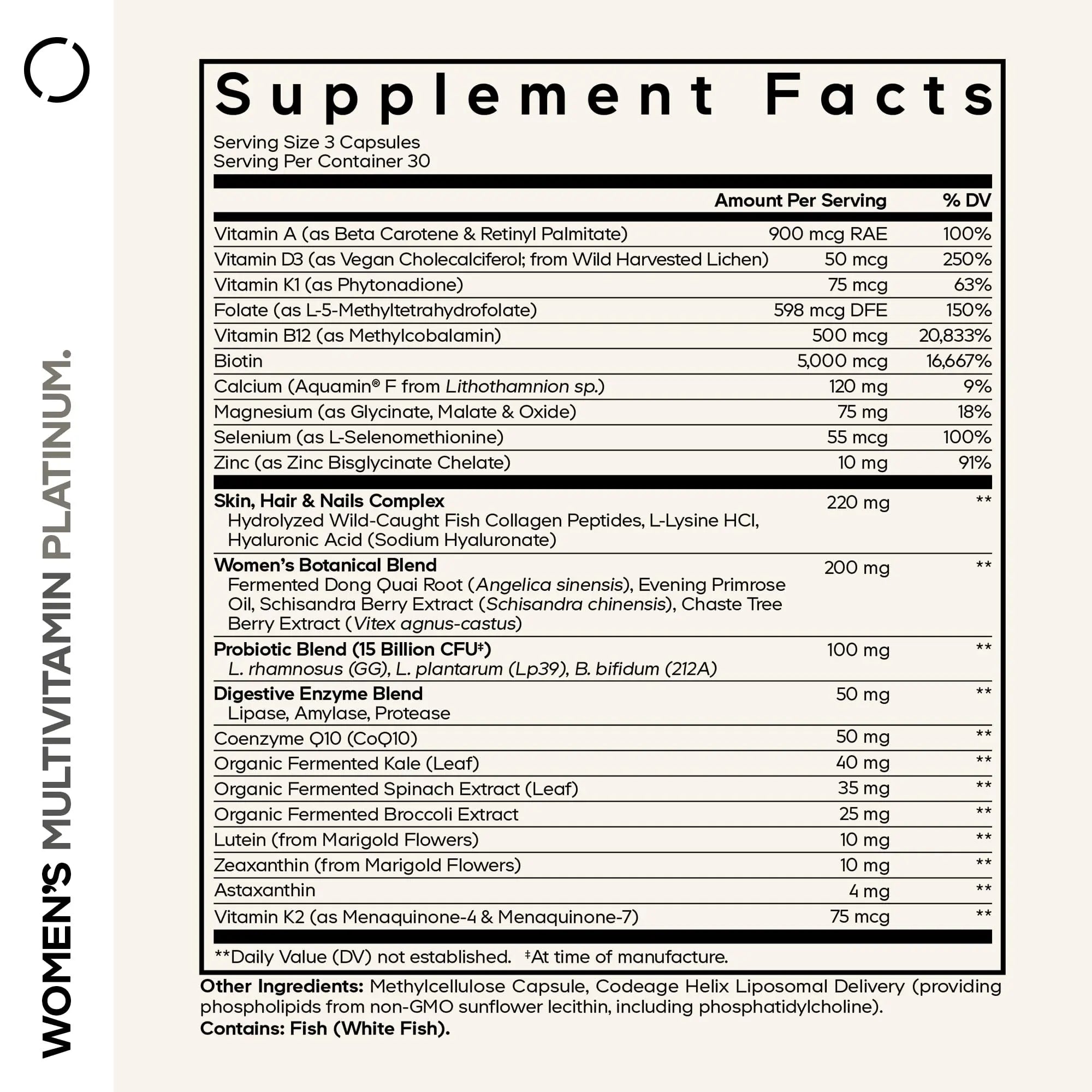Codeage Women’s Multivitamin Platinum - Vitamins A D3 K1 K2 B12 & Minerals, CoQ10, Skin, Hair & Nails Complex, Collagen, Botanicals, Probiotics Codeage