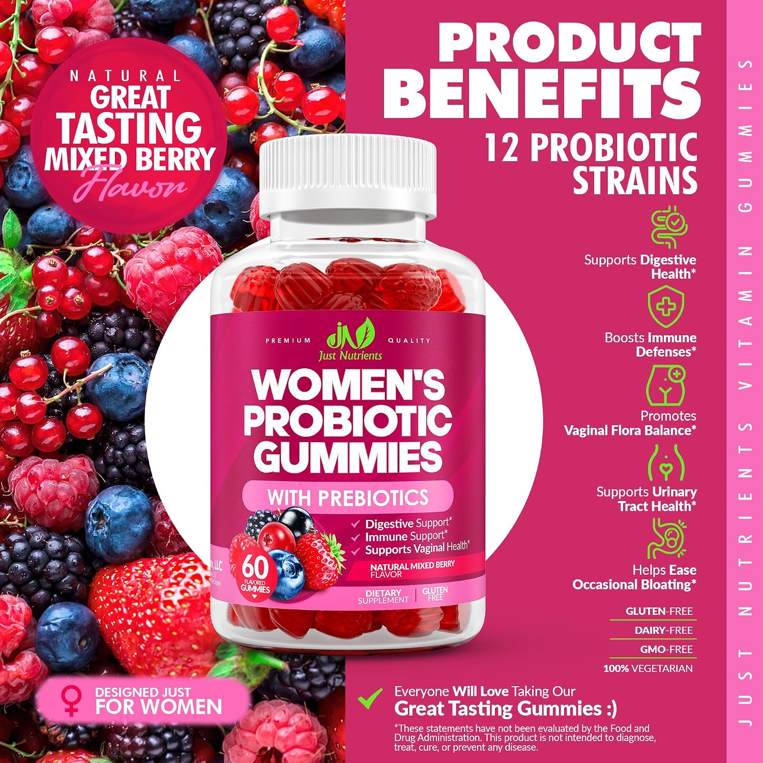 Just Nutrients Women's Probiotic Gummies with Prebiotics | 12 Strains – Digestive, Immune, Vaginal & Urinary Tract Health Support – Natural Mixed Berry Flavor, 60 Gummies