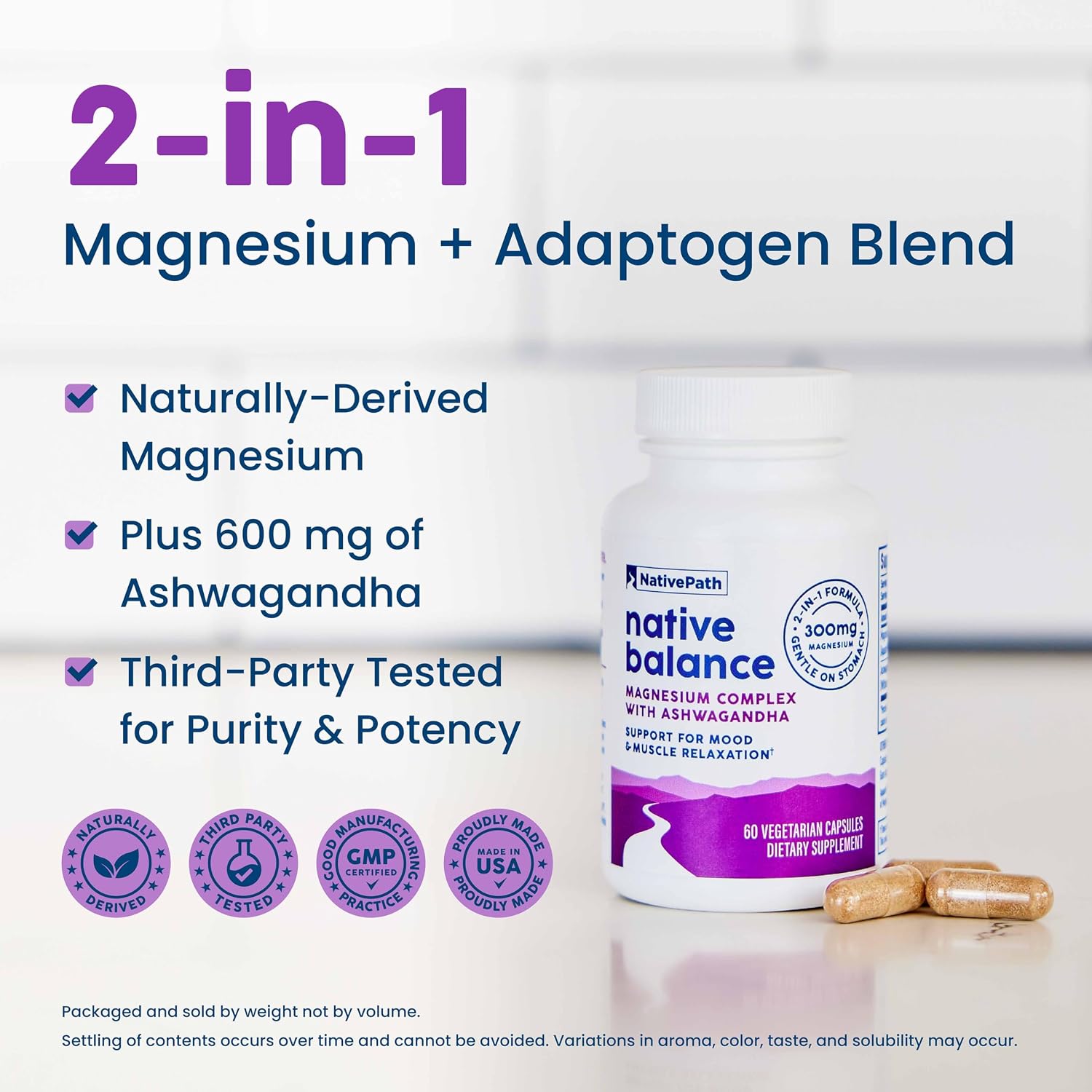 NativePath Balance Magnesium Glycinate with Ashwagandha, 60 Capsules | High-Absorption Chelated Form, Supports Calm, Relaxation, Restful Sleep, Muscle & Recovery, Adults