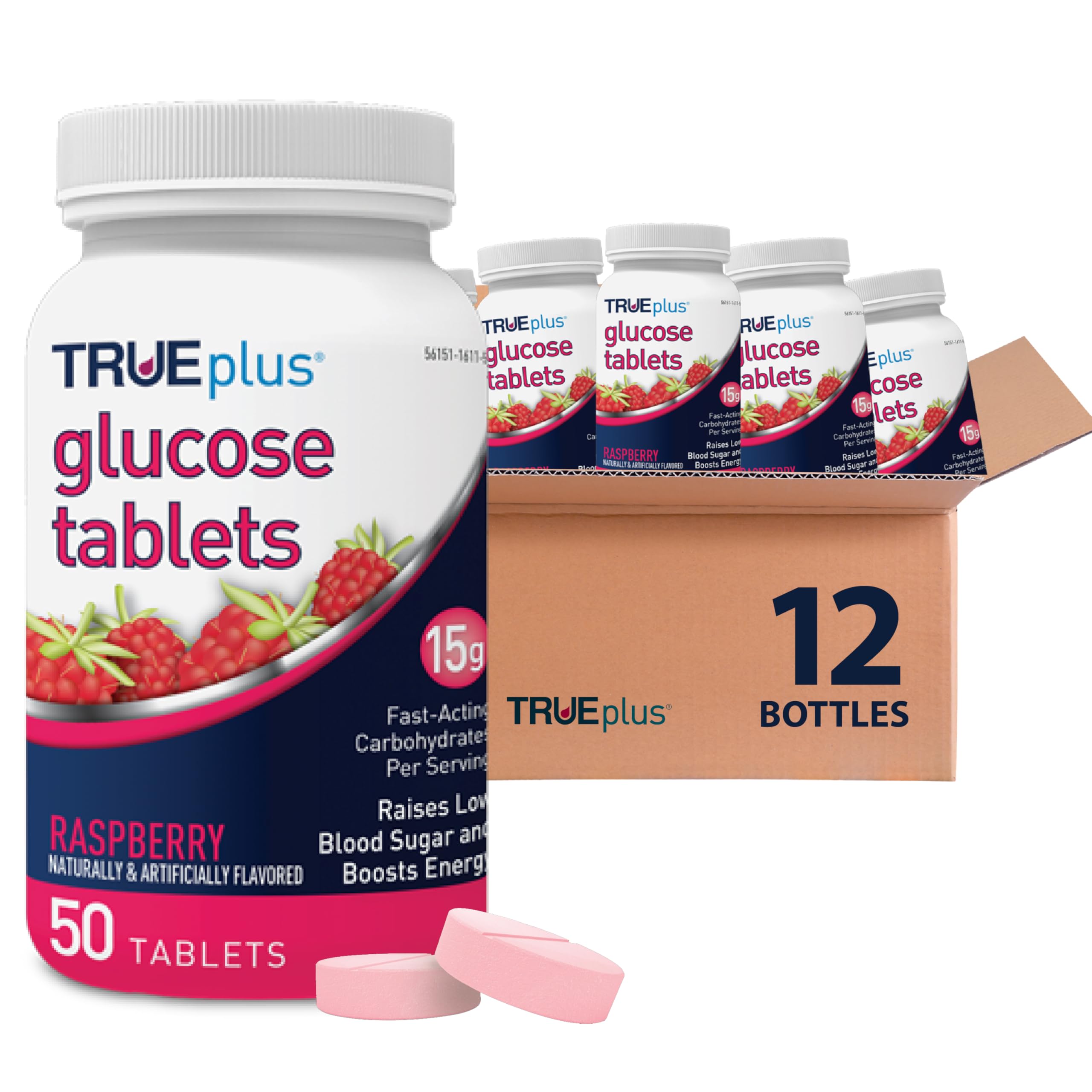 TRUEplus Glucose Tablets, Grape, Raspberry, Orange Flavors, 50 Count | Chewable Tablets, 15g Fast-Acting Carbohydrates, Fat Free, Gluten Free, Boosts Energy, Great Tasting and Easy to Use