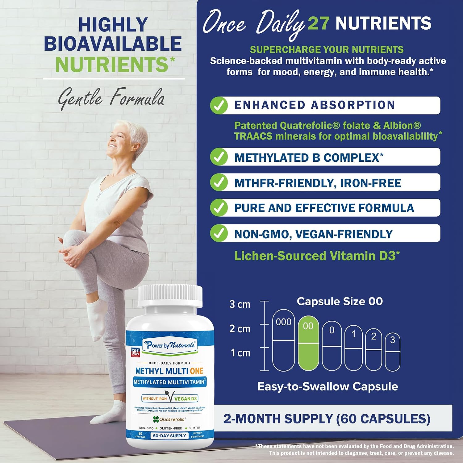 Power By Naturals Methyl Multi One – Iron-Free Methylated Multivitamin with 5-MTHF, Methyl B12 & CoQ10 – Methylation Support for Men & Women – Vegan, Non-GMO – 60 Capsules (2-Month Supply) | With 5-MTHF, Methyl B12 & CoQ10 - Methylation Daily Support for