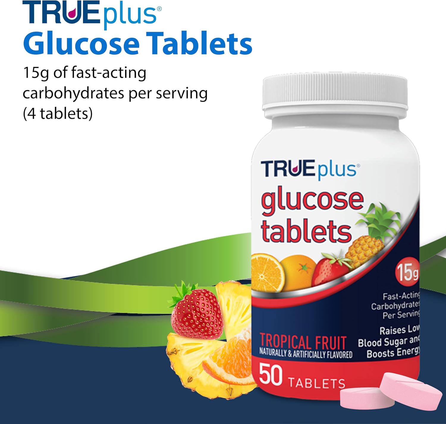 TRUEplus 50ct Tropical Glucose Tablets and TRUENESS Blood Glucose Meter Bundle - Monitor, Case, 100 Test Strips, 100 Lancets, Lancing Device