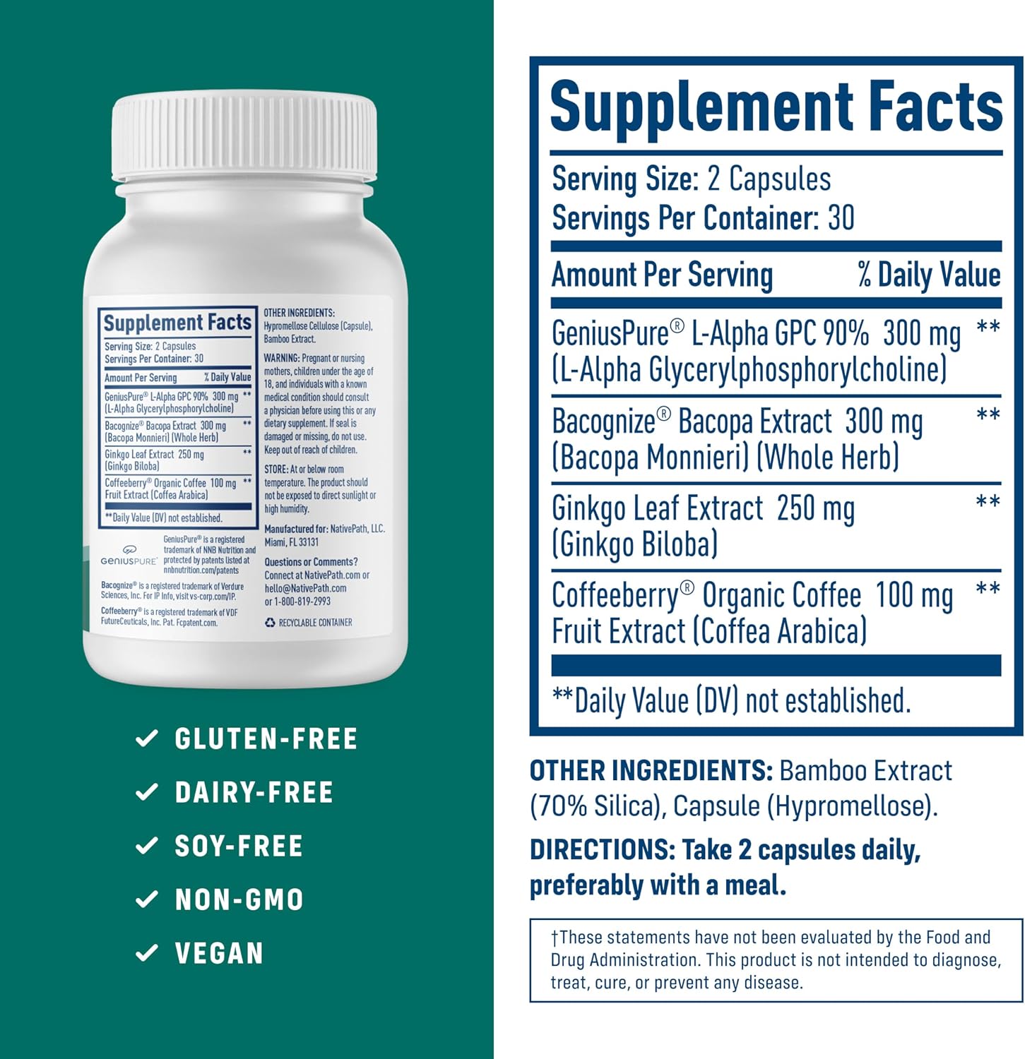 NativePath Brain Health Nootropic, Bacopa & Alpha GPC, 30 Servings | Ginkgo & CoffeeBerry, Supports Memory, Focus & Mental Clarity, Standardized Branded Actives