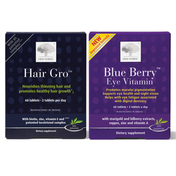 NEW NORDIC Hair & Eye Support Tablets Bundle, Hair GRO Natural Hair Growth and Blue Berry Eye Vitamin Supplements NEW NORDICBuy Supplements Australia