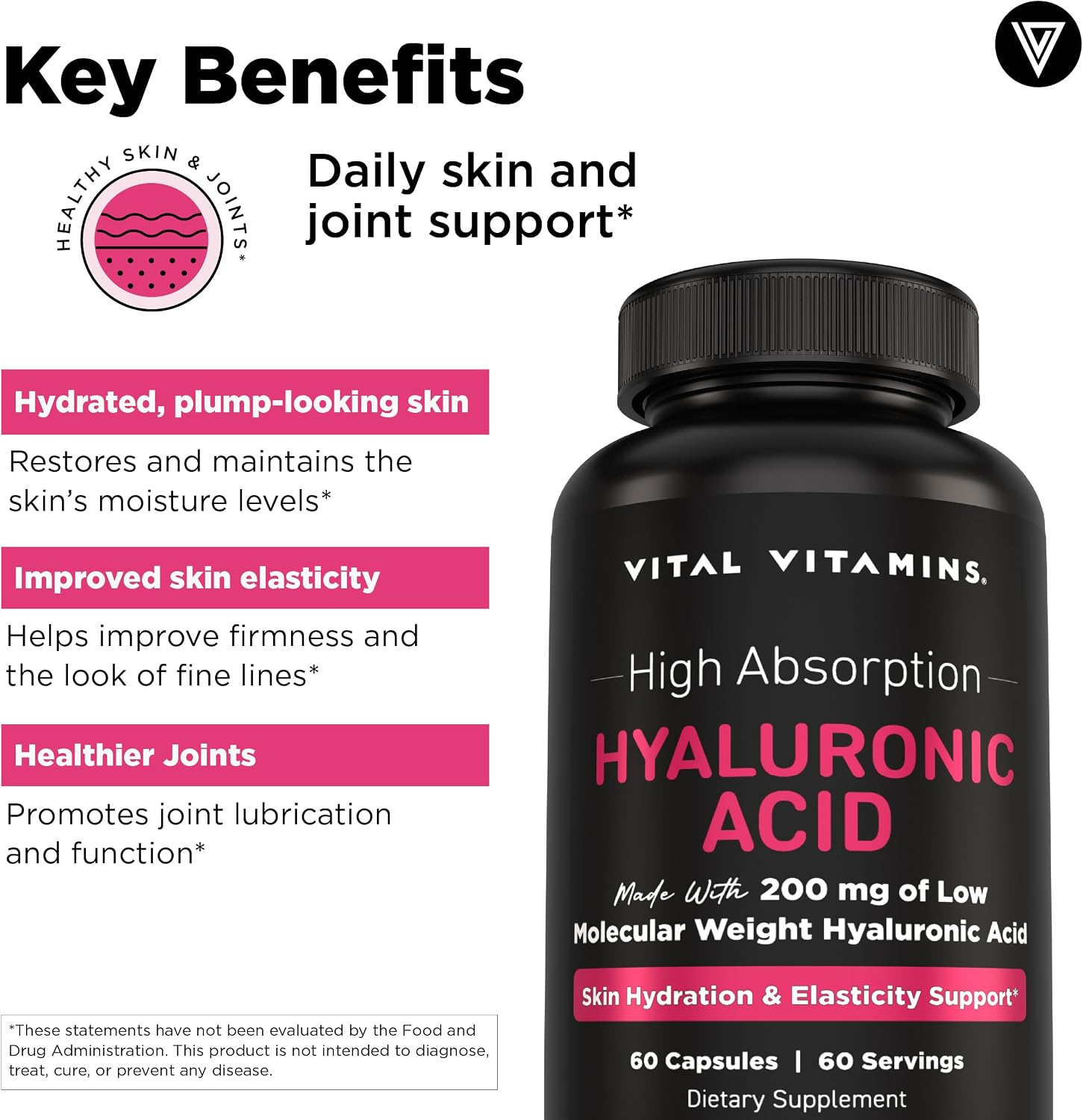Vital Vitamins Hyaluronic Acid Supplements, 60 Capsules | 200mg Low Molecular Weight HA, Supports Skin Hydration, Elasticity & Joint Comfort, Vegan & Non-GMO