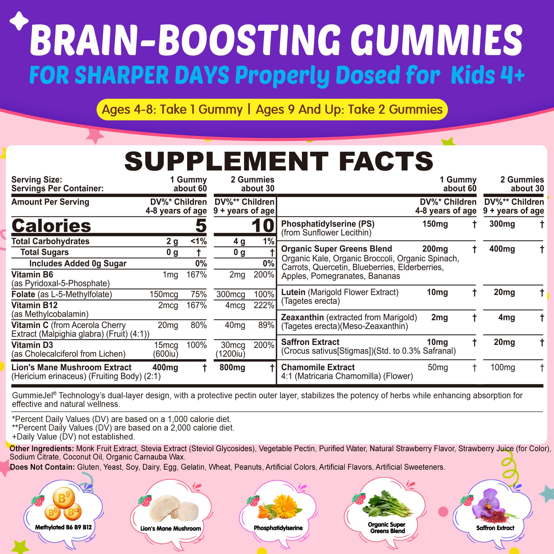 Kids Brain Gummies, Focus Supplement w/Lions Mane Mushroom, Phosphatidylserine, B6, Methyl B12 & B9, Saffron, Brain Vitamins for Focus & Attention, Cognitive, Vision, Energy, Sugar Free, Vegan, 60 Ct