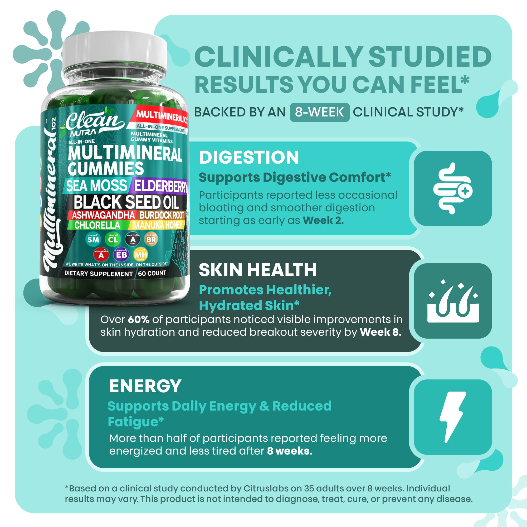 Sea Moss Gummies | Clinically Tested - Black Seed Oil Ashwagandha Elderberry Burdock Root Chlorella Manuka Honey - Vegan Irish Sea Moss Gummy Vitamins