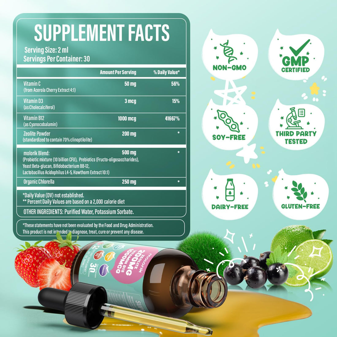 Two bottles of dietary supplements with labels indicating ingredients and dosages.