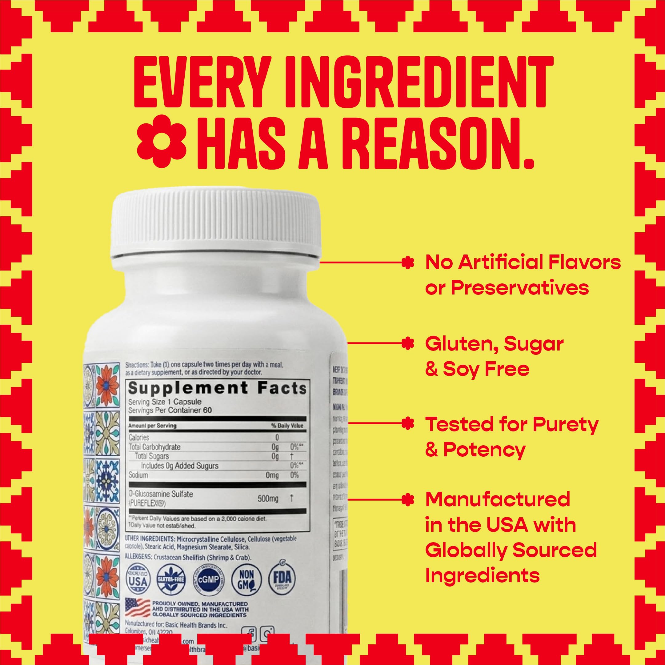 Basic Brands Pura Salud Pureflex Glucosamine Sulfate, 500mg 120 Count | Joint Health Support