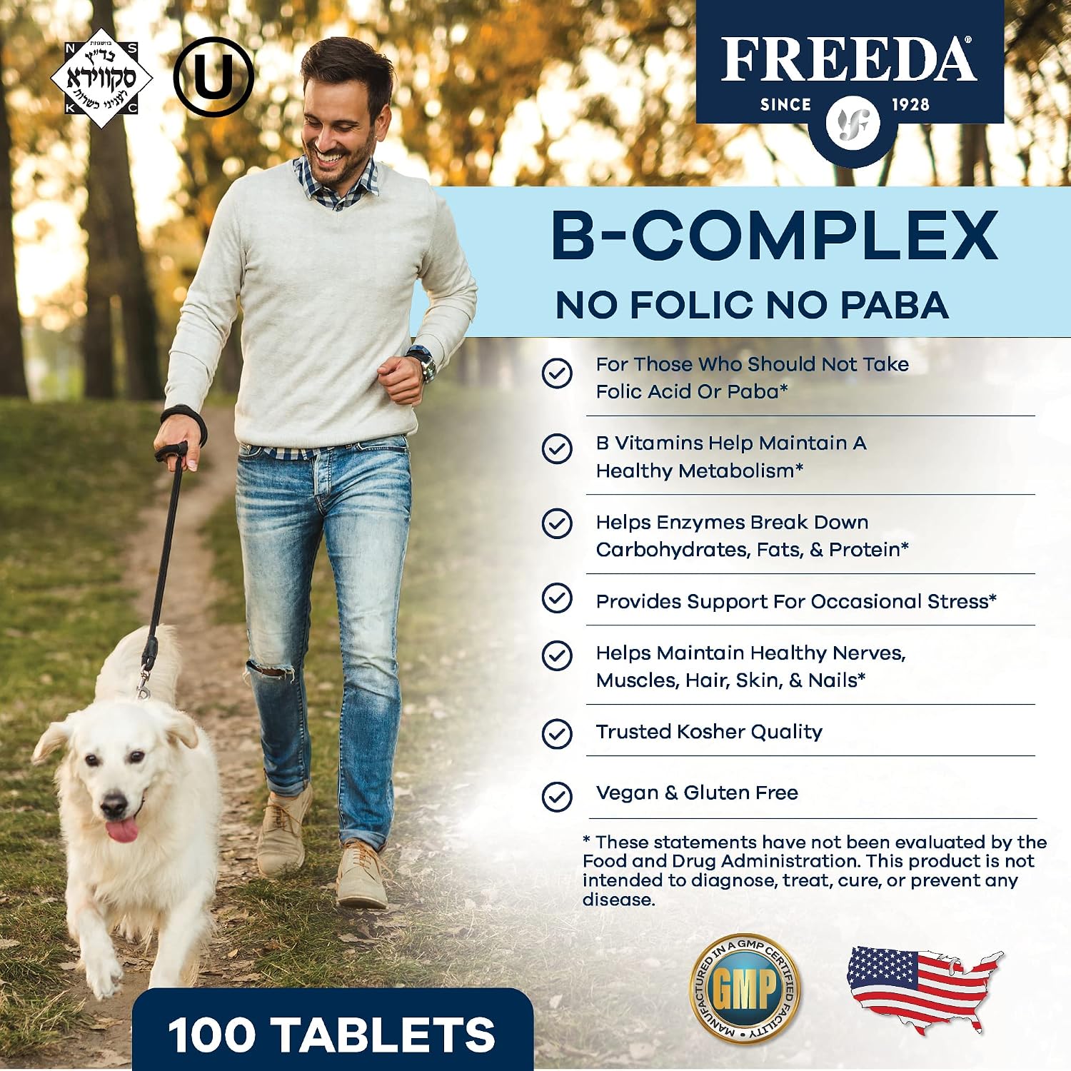 FREEDA Super B-Complex Vitamin Supplement – No Folic Acid or PABA, 100ct | Supports Energy, Metabolism, & Cellular Function – Balanced B Vitamins for Men & Women – Kosher, Vegan, Gluten-Free, USA Made