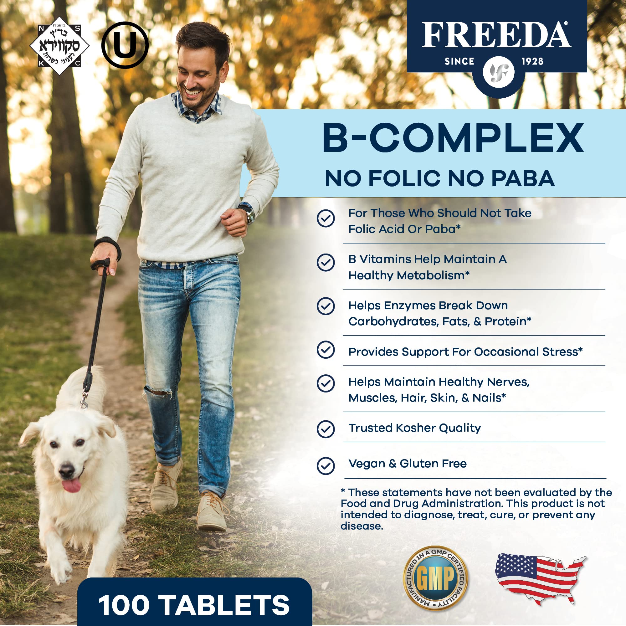 FREEDA Super B-Complex Vitamin Supplement – No Folic Acid or PABA, 100ct | Supports Energy, Metabolism, & Cellular Function – Balanced B Vitamins for Men & Women – Kosher, Vegan, Gluten-Free, USA Made