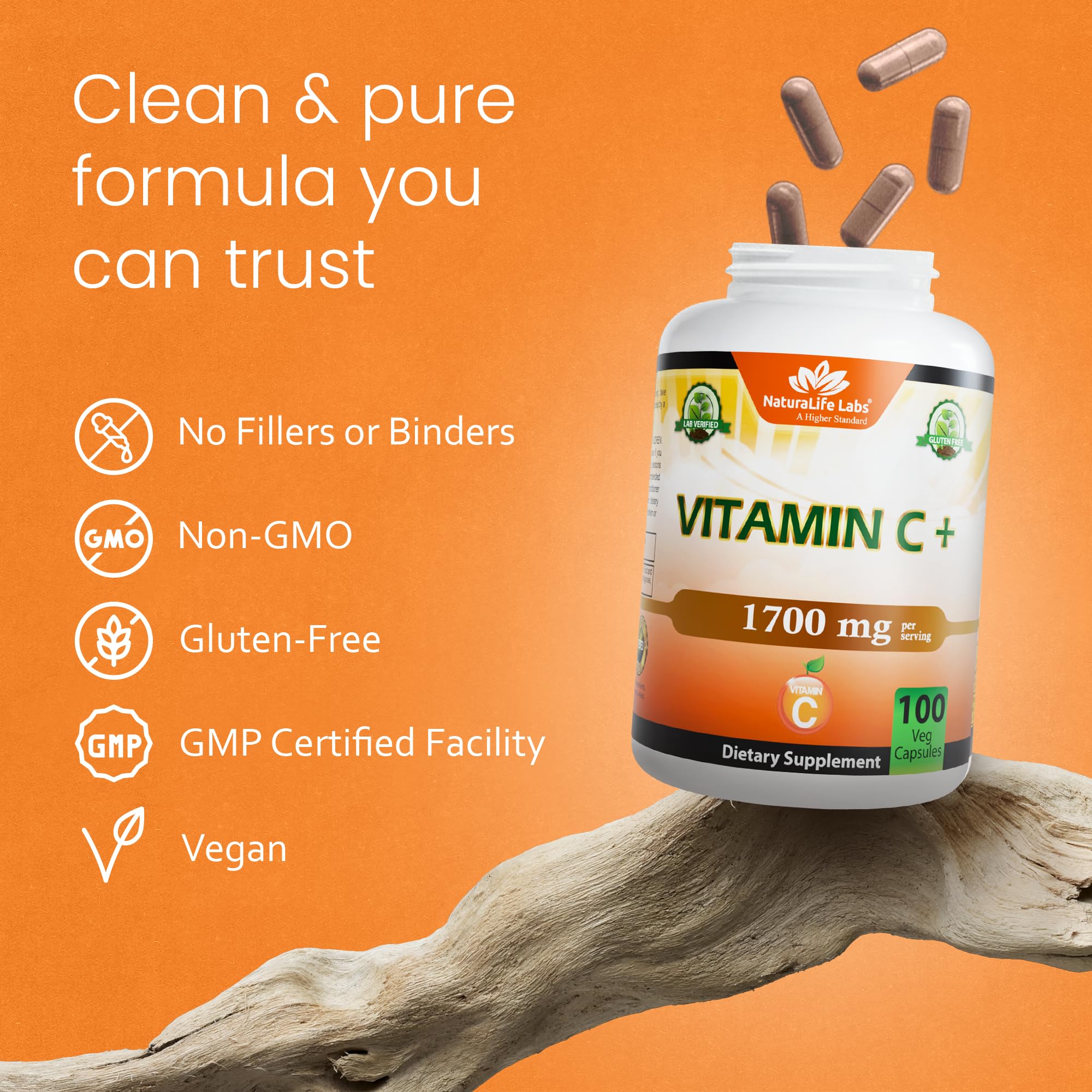 NaturaLife Labs Vitamin C with Vitamin D3, Zinc, Elderberry & Ginger Root – 1,700 mg per Serving – 100 Capsules, Vegan, Non-GMO, Gluten Free