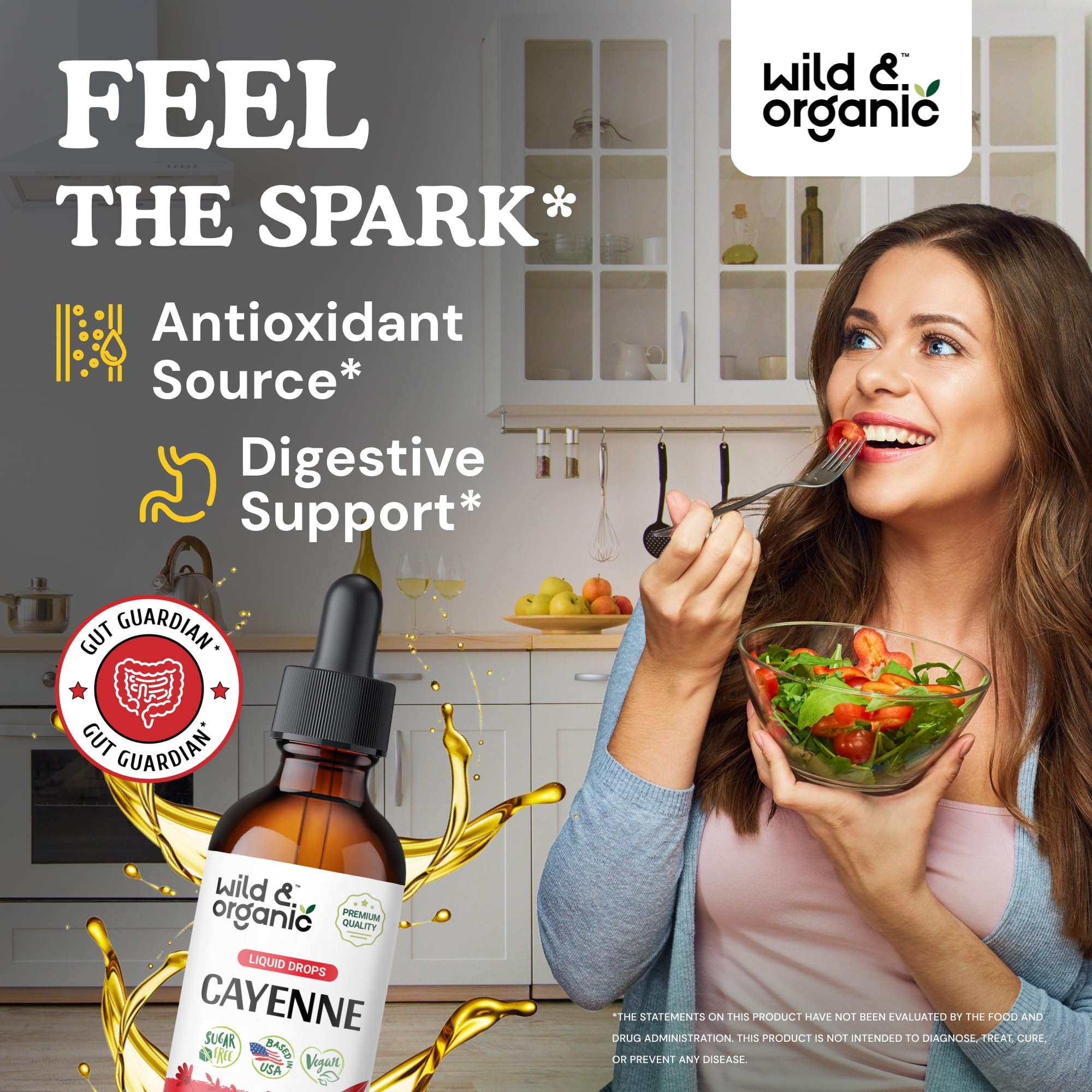 Wild & Organic Cayenne Pepper Drops - Antioxidant & Digestive Support - Capsaicin Supplements - Fast Absorbing Liquid Cayenne Pepper Extract Tincture - No Spicy Aftertaste, Alcohol-Free - 4 fl oz